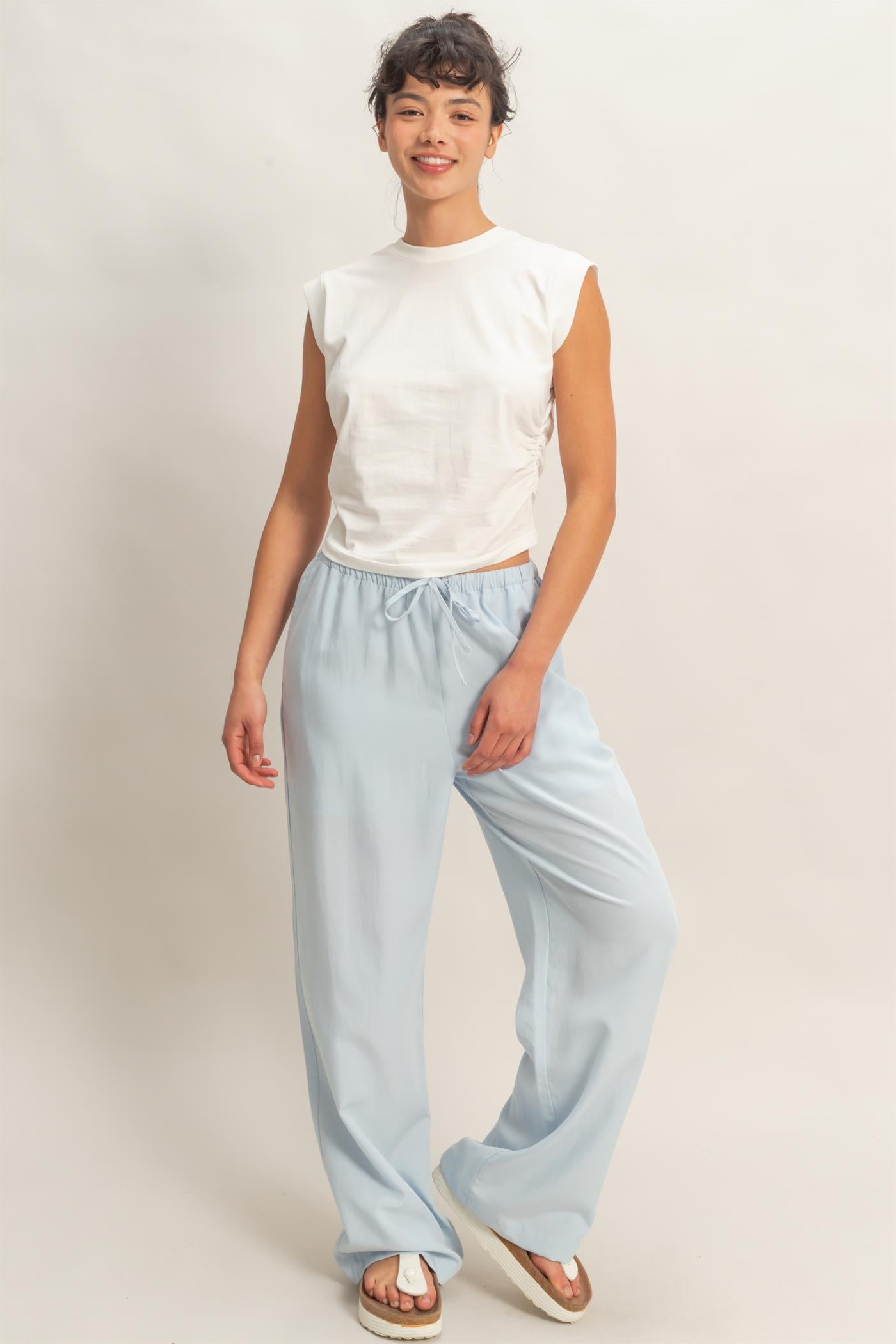 Wholesale Lyocell Linen Elastic Waist Straight Leg Pants Pants DZ26A979 ICE BLUE DOUBLE ZERO