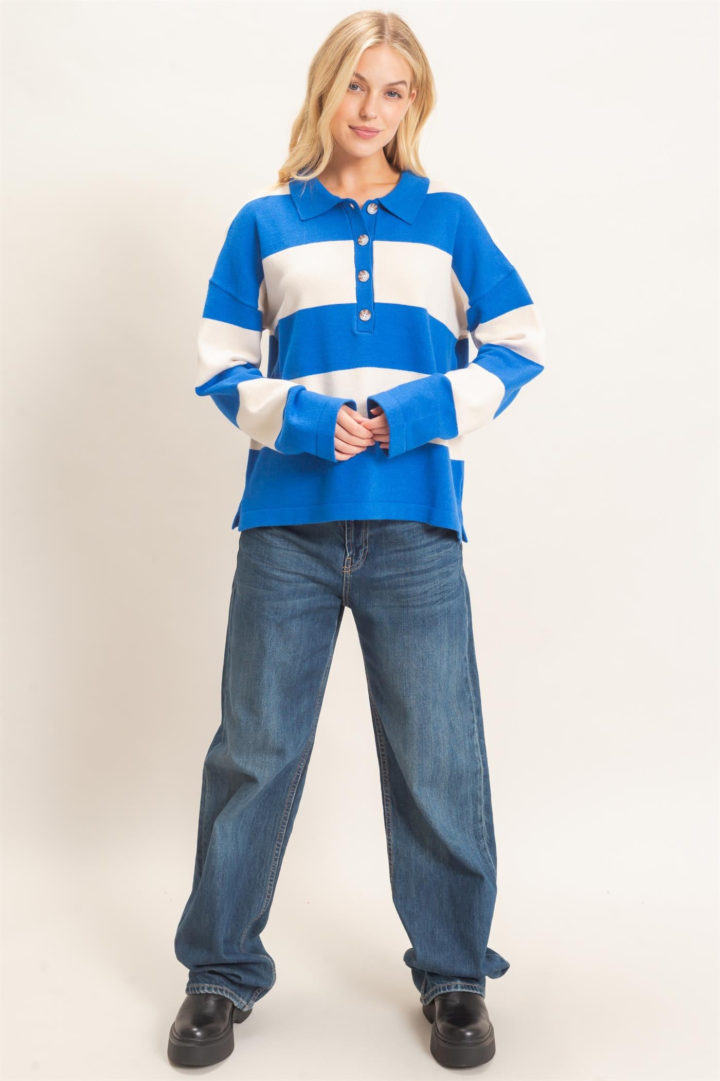 Wholesale Striped Button-Up Sweater Sweaters HF26F198 BLUE HYFVE
