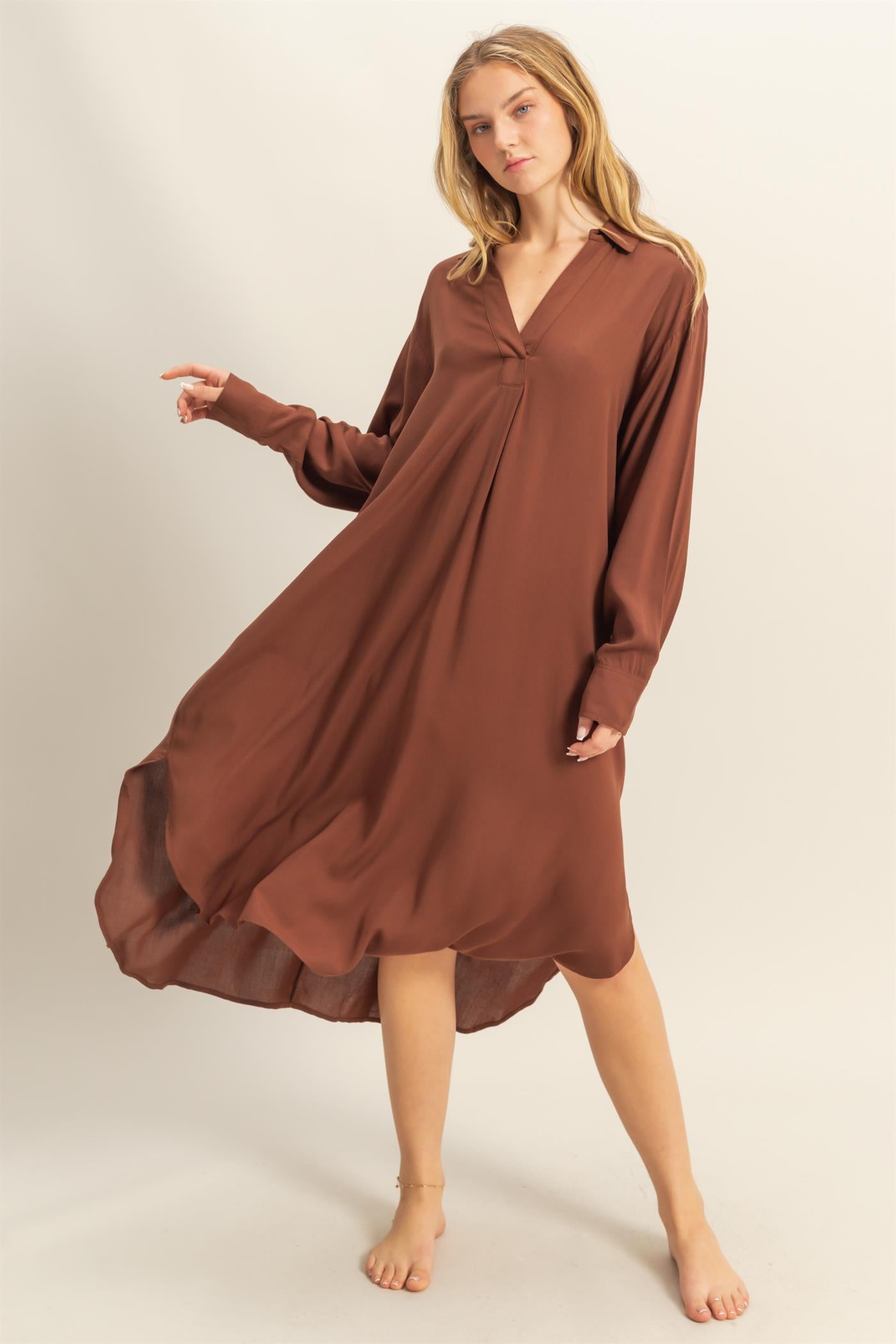 Wholesale V-Neck Long Sleeved Midi Shirts Dress Dresses DZ24E706 CHESTNUT DOUBLE ZERO