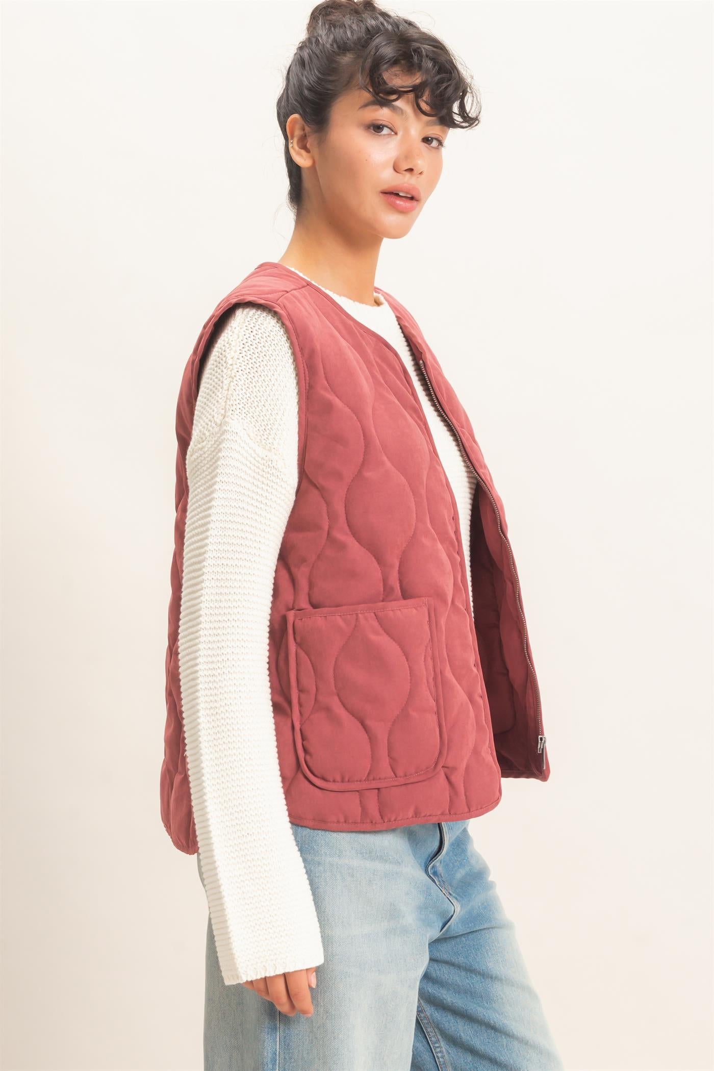 Wholesale Quilted Vest With Pockets Vests DZ26F336 BURGUNDY DOUBLE ZERO
