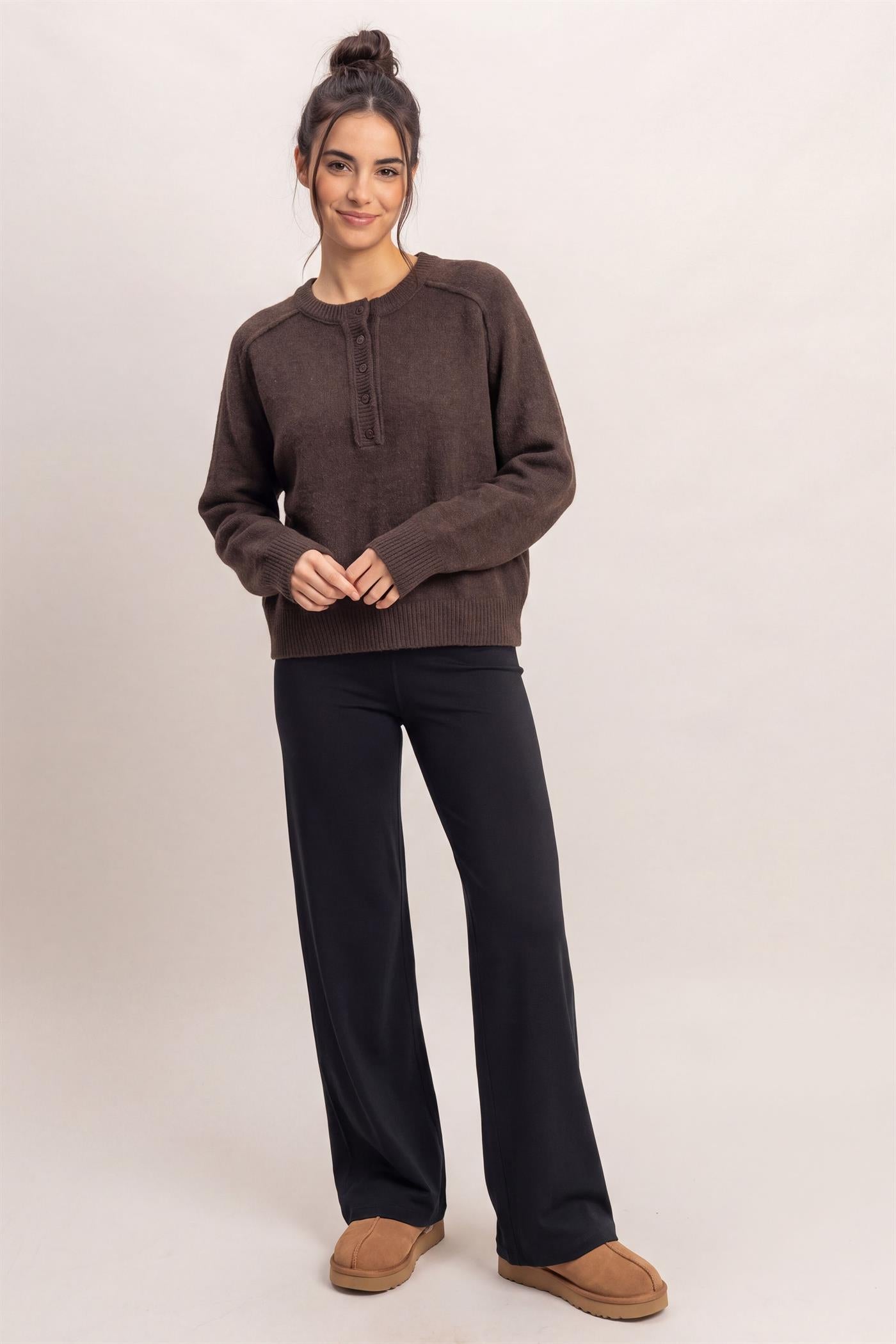 Wholesale Henley Sweater With Reverse Seams Sweaters DZ26F004 DARK BROWN DOUBLE ZERO
