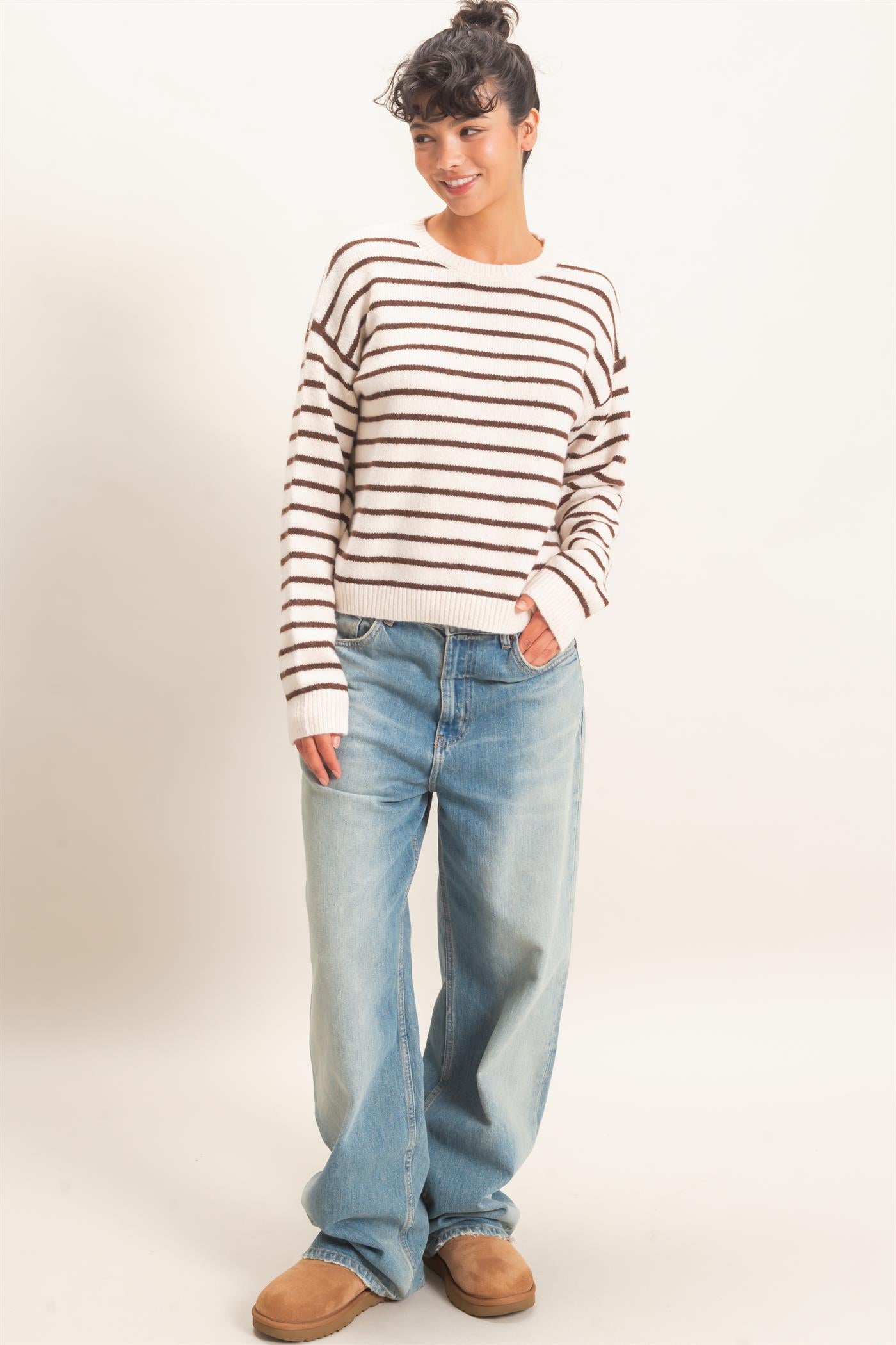Wholesale Striped Crew Neck Sweater Sweaters DZ26C612 BROWN DOUBLE ZERO