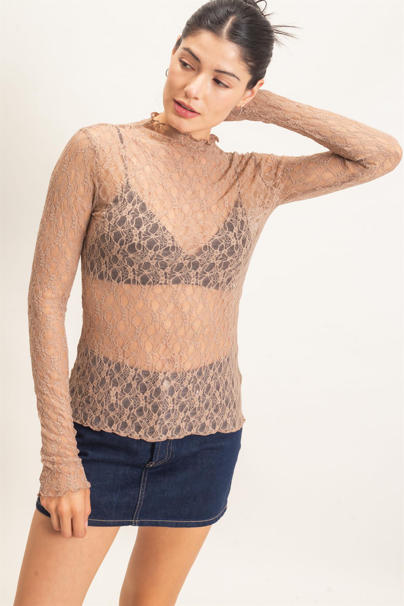 Wholesale Lace Mock Neck Long Sleeve Top Clothing Tops HF26E033-D LIGHT BROWN HYFVE