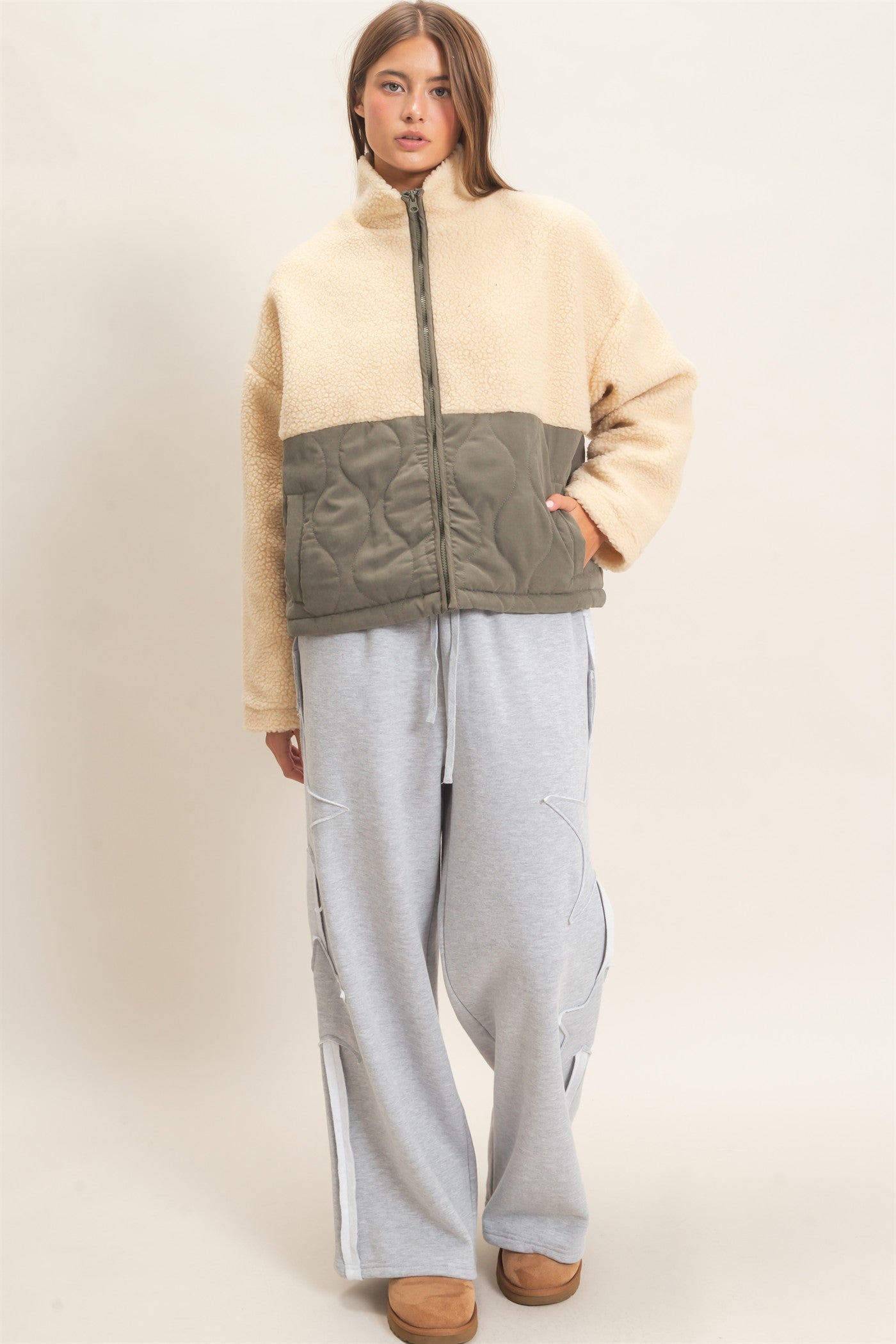 Wholesale Quilted Sherpa Zip Up Jacket Coats & Jackets DZ26F259 OLIVE DOUBLE ZERO