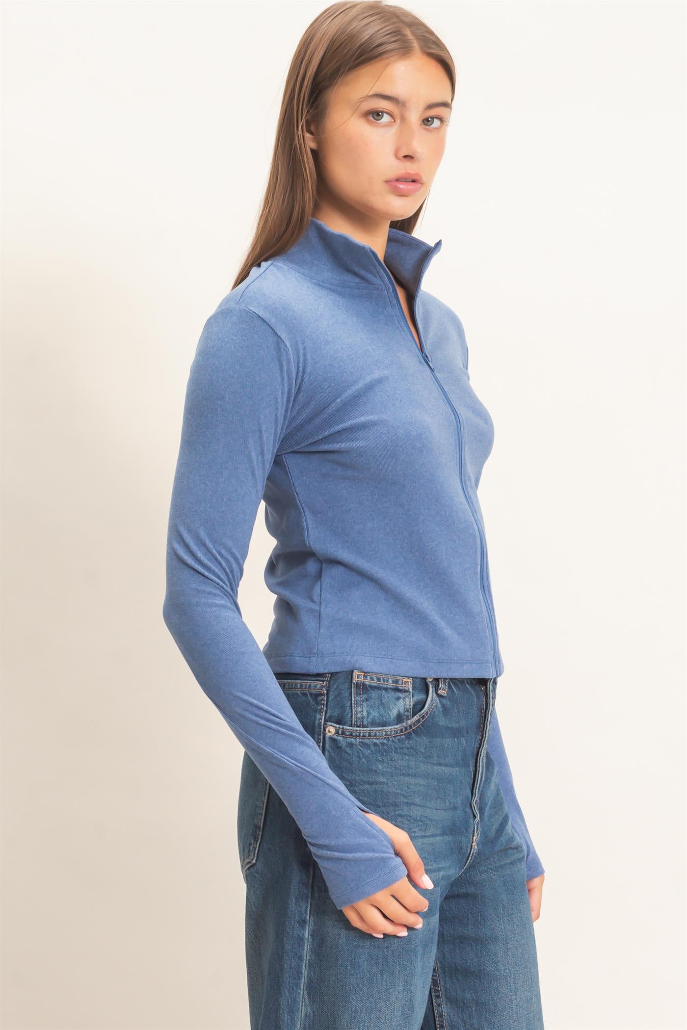 Wholesale Mock Neck Long Sleeve Zip Up Top Clothing Tops DZ26E911 NAVY DOUBLE ZERO