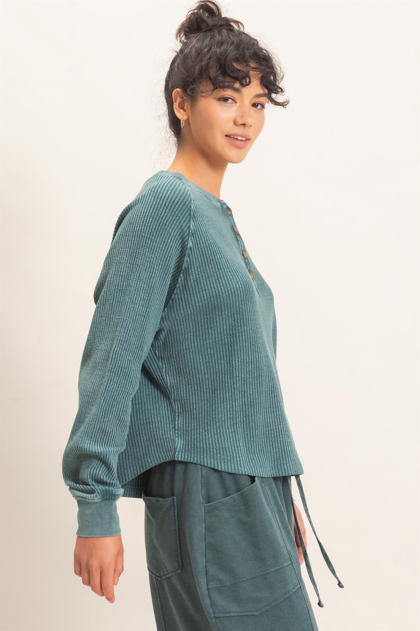 Wholesale Mineral Wash Waffle Knit Henley Top Sweatshirts DZ26E947 DARK TEAL DOUBLE ZERO