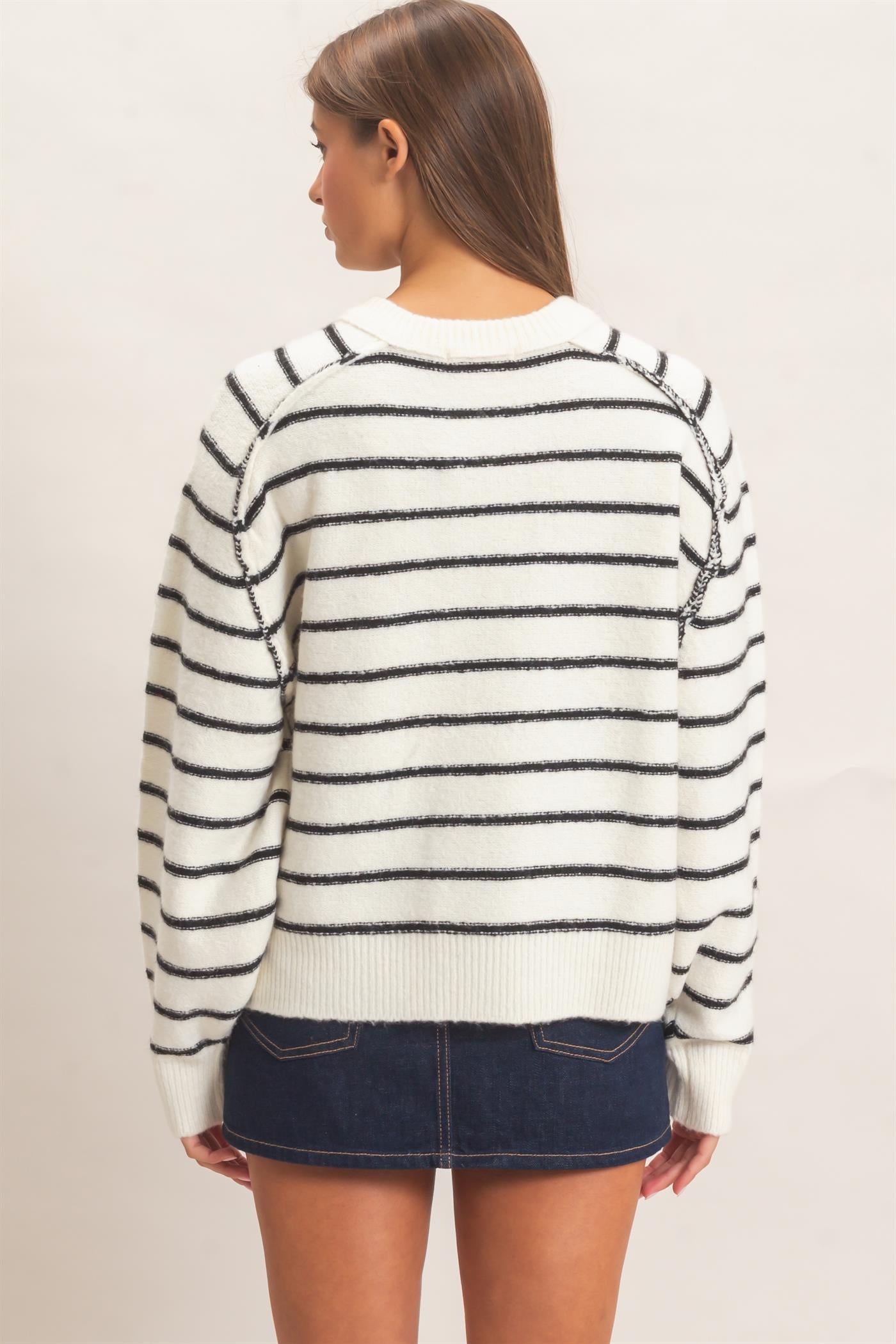 Wholesale Stripe Henley Sweater Sweaters DZ26F002 CREAM DOUBLE ZERO