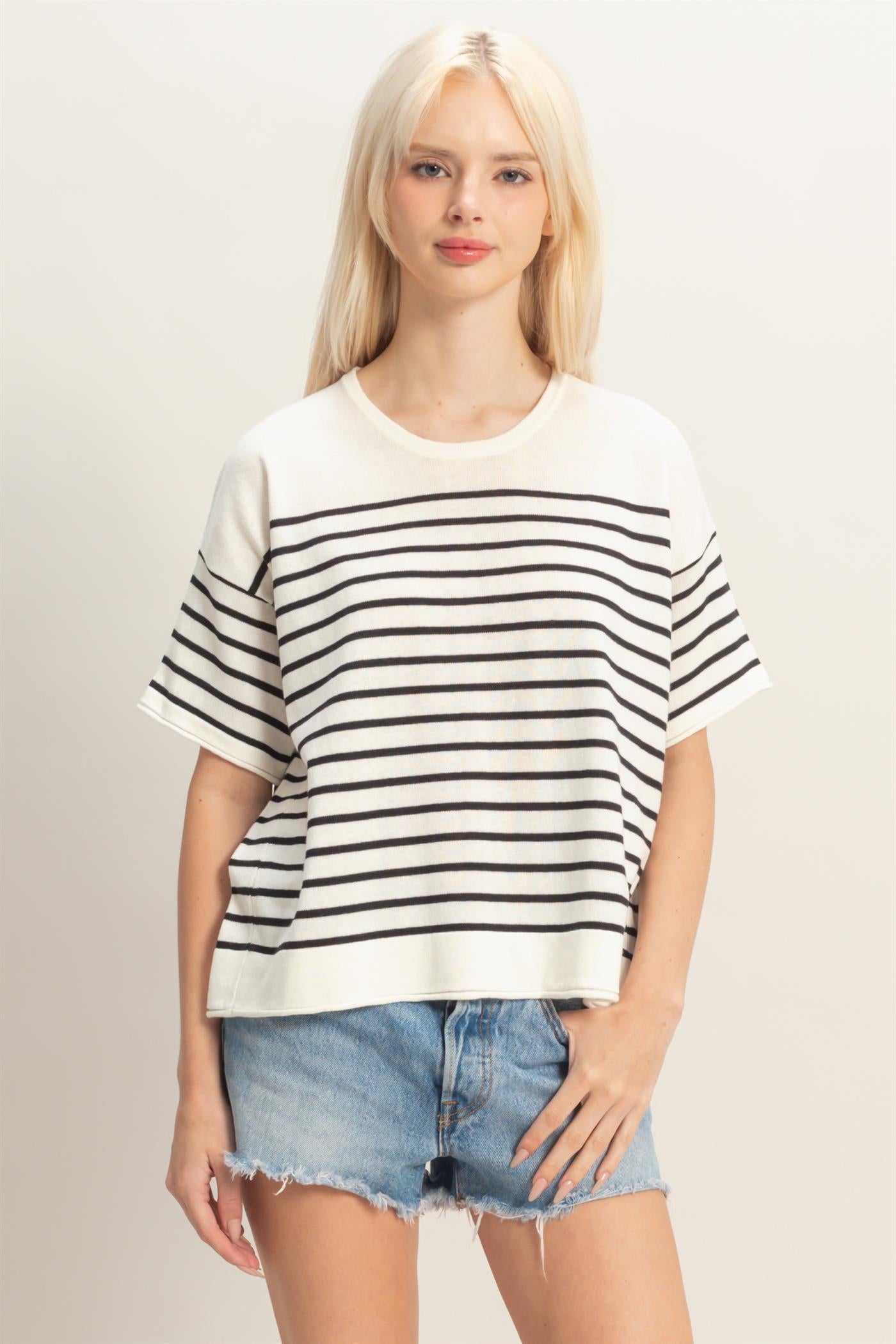 Wholesale Striped Short Sleeve Knit Top Clothing Tops DZ26A838 BLACK DOUBLE ZERO