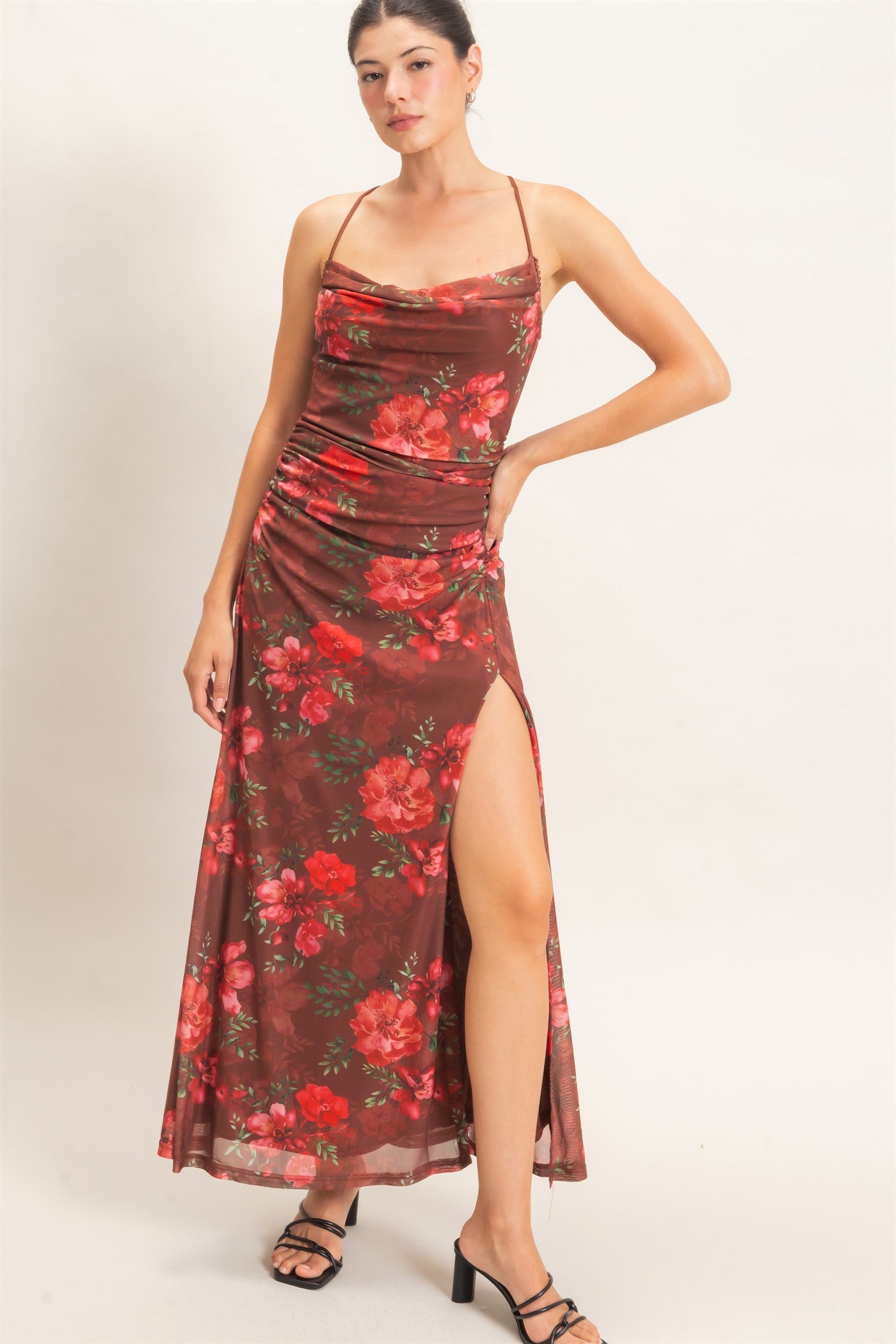 Wholesale Floral Print Spaghetti Strap Dress Dresses HF26E440 BROWN HYFVE