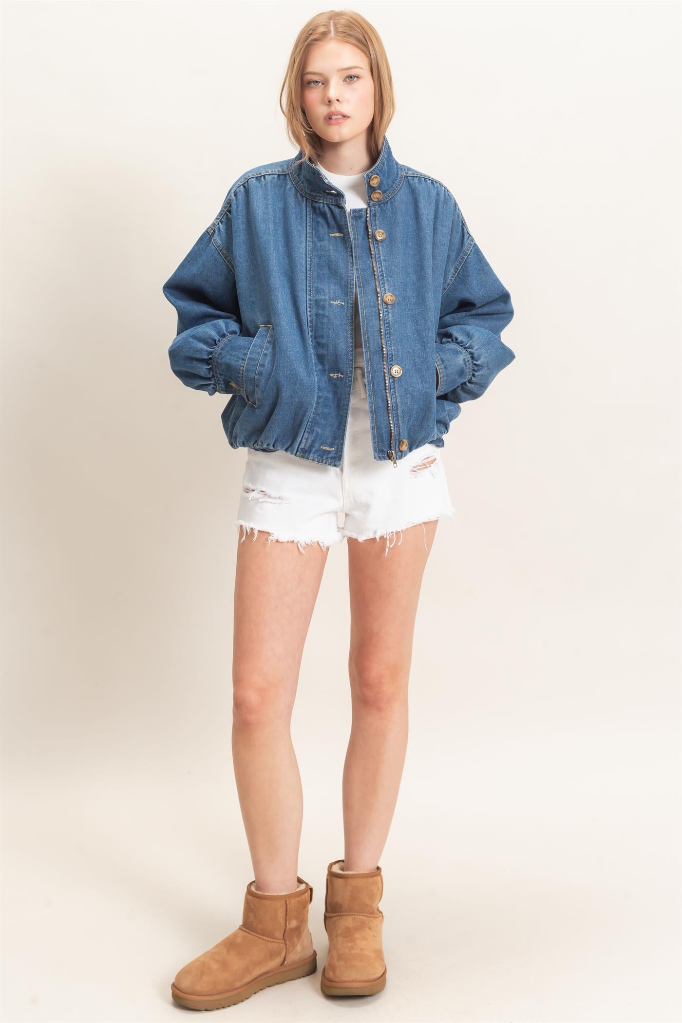 Wholesale High Collar Denim Bomber Jacket Coats & Jackets HF26E090-D LIGHT DENIM HYFVE