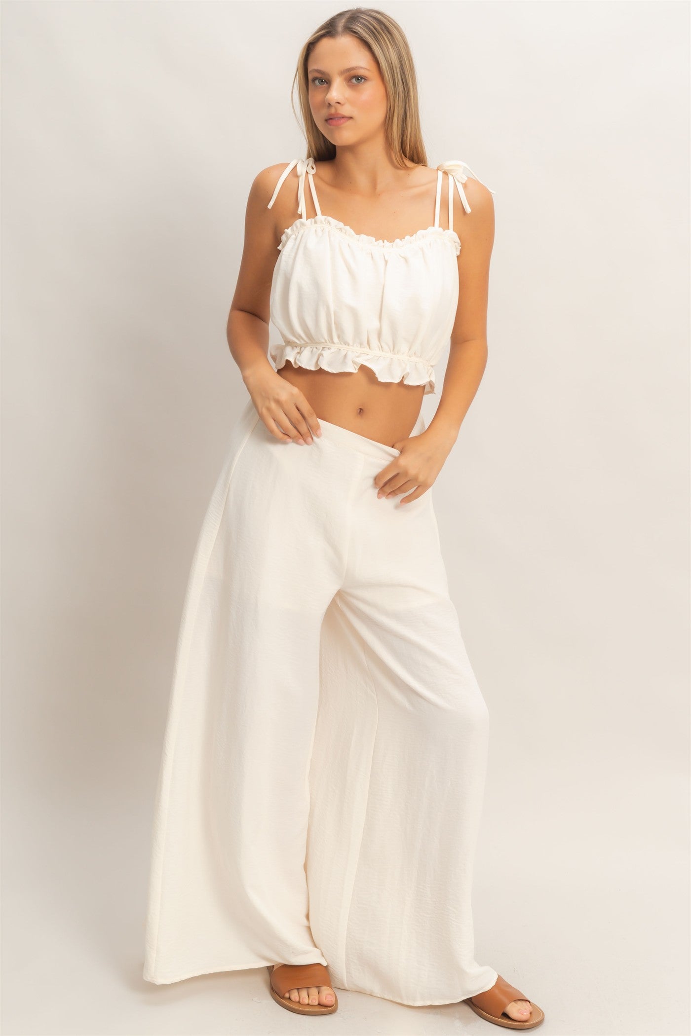 Wholesale Ruffle Smocked Bust Top & Wide Pants Clothing HF26A502-SET-D OFF WHITE HYFVE