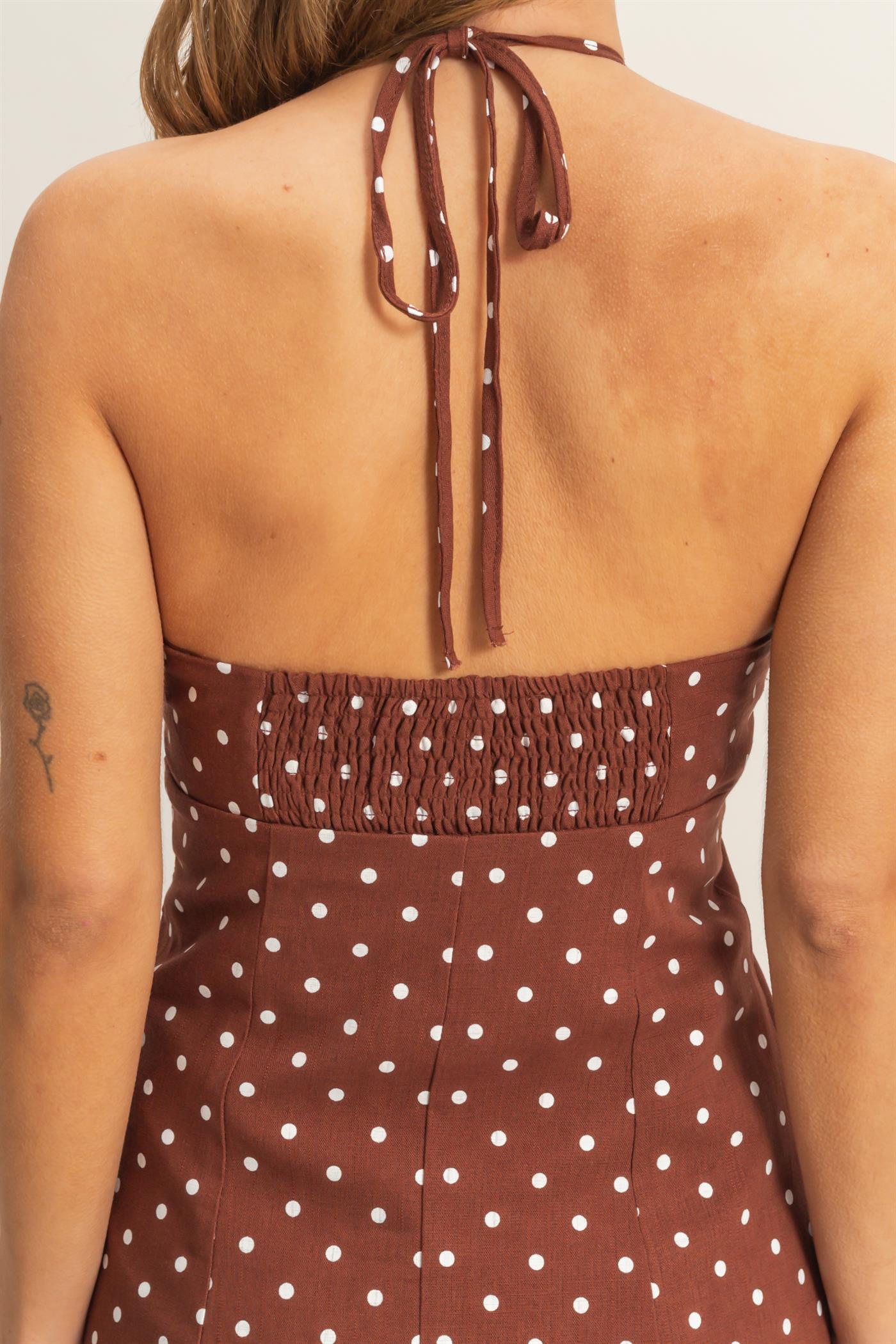 Wholesale Ruched Halter Polka Dot Mini Dress Dresses HF26C278-D CHESTNUT HYFVE