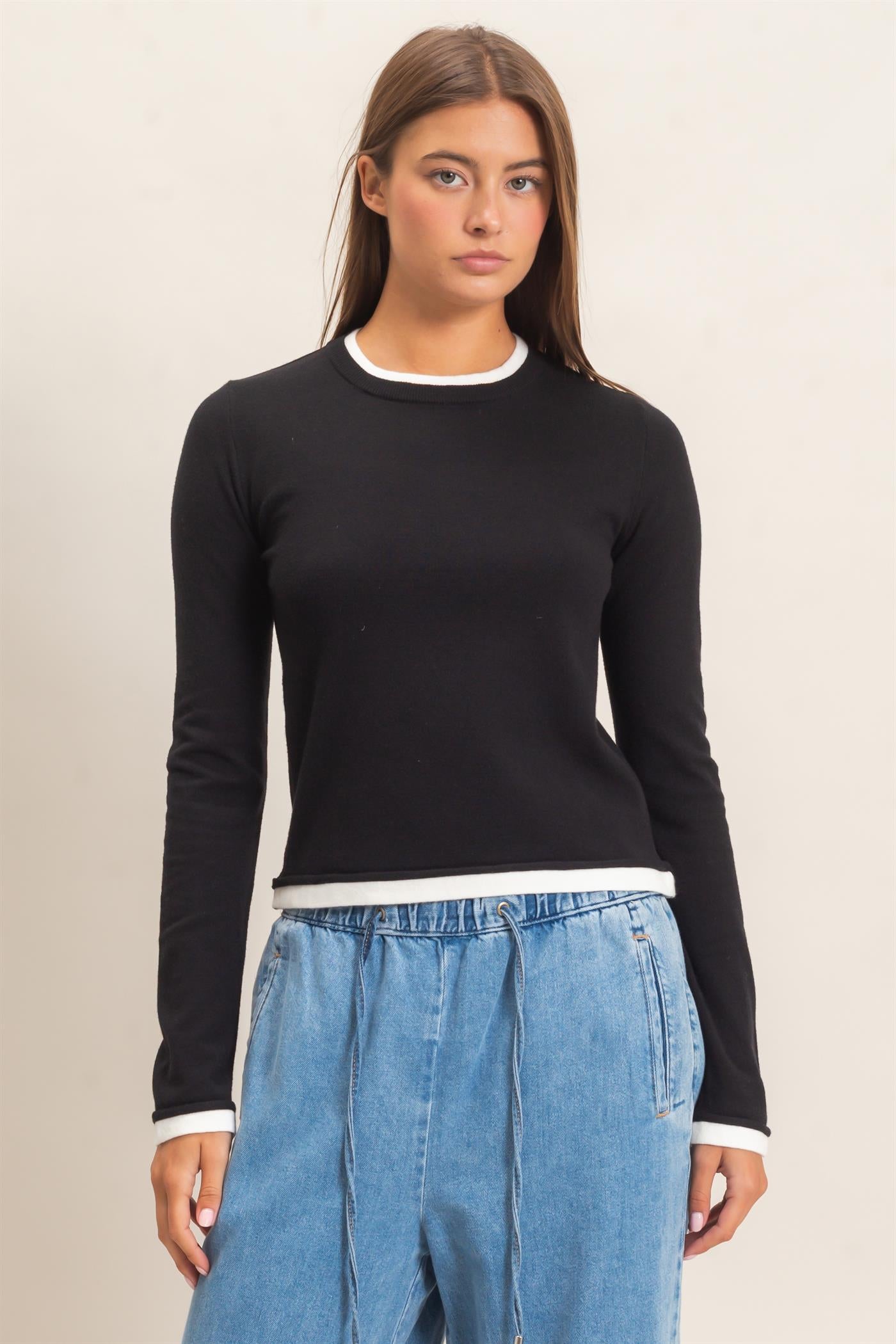 Wholesale Layer Effect Long Sleeve Knit Top Clothing Tops DZ26F394 BLACK DOUBLE ZERO