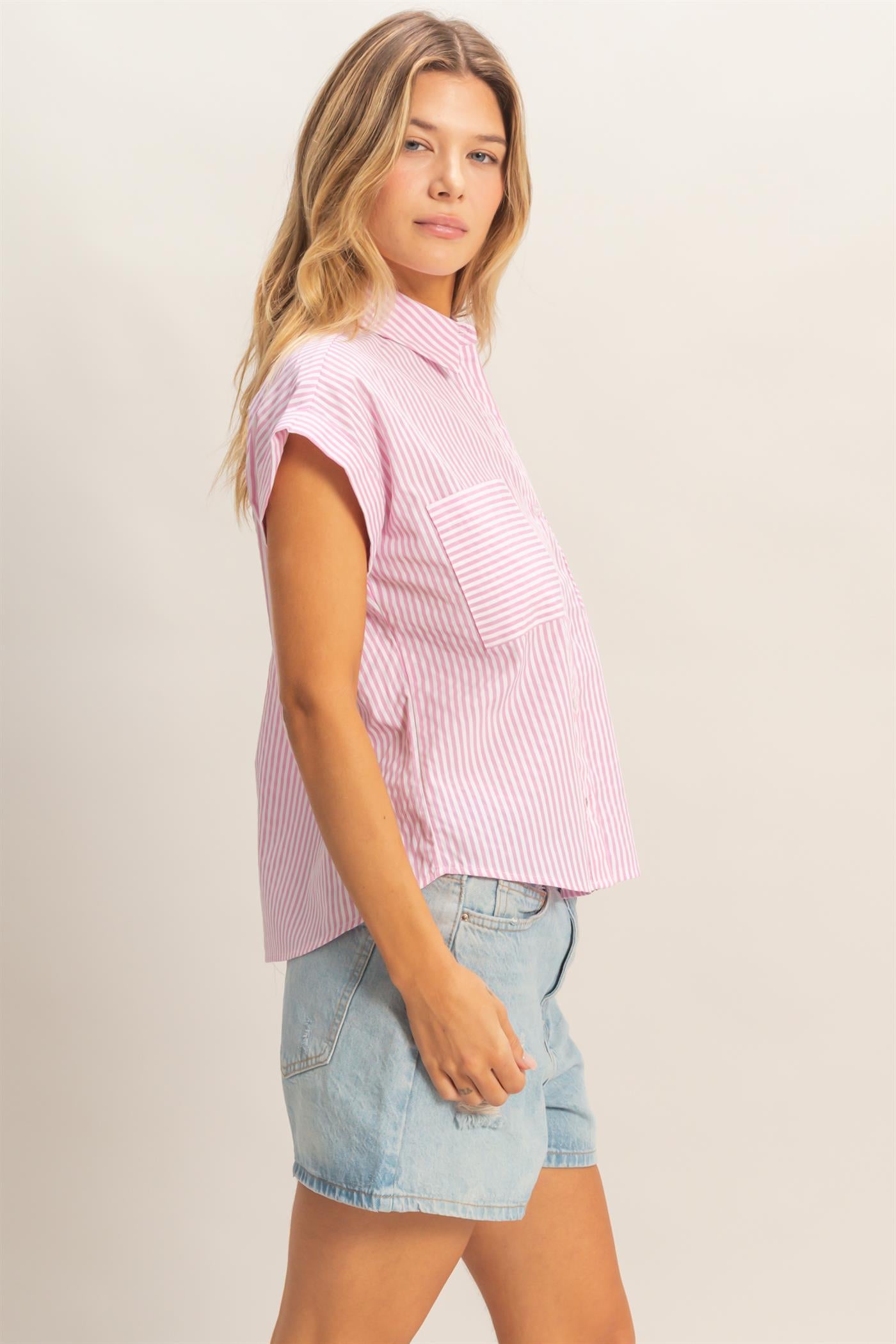 Wholesale Button-Up Striped Shirt Shirts HF26E429-D PINK HYFVE