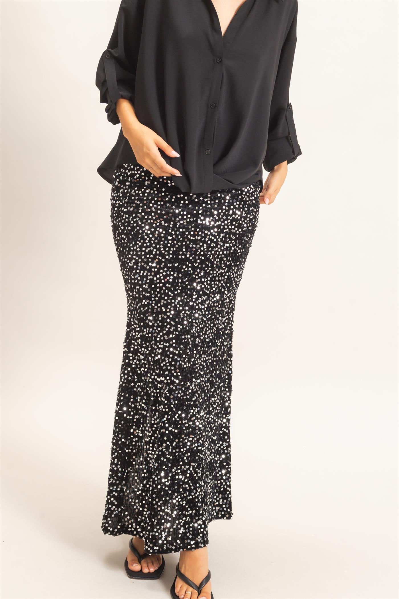 Wholesale Sequin Midi Skirt Skirts HF26F121 BLACK HYFVE