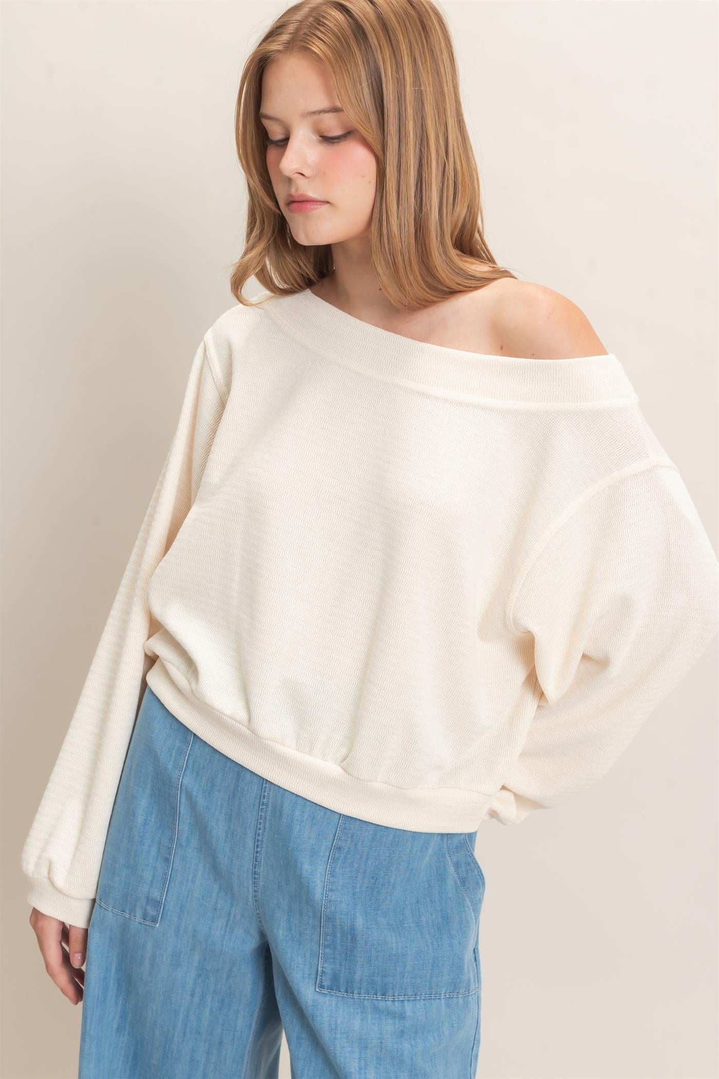 Wholesale Off Shoulder Knit Sweatshirt Blouses HF26F028 CREAM HYFVE