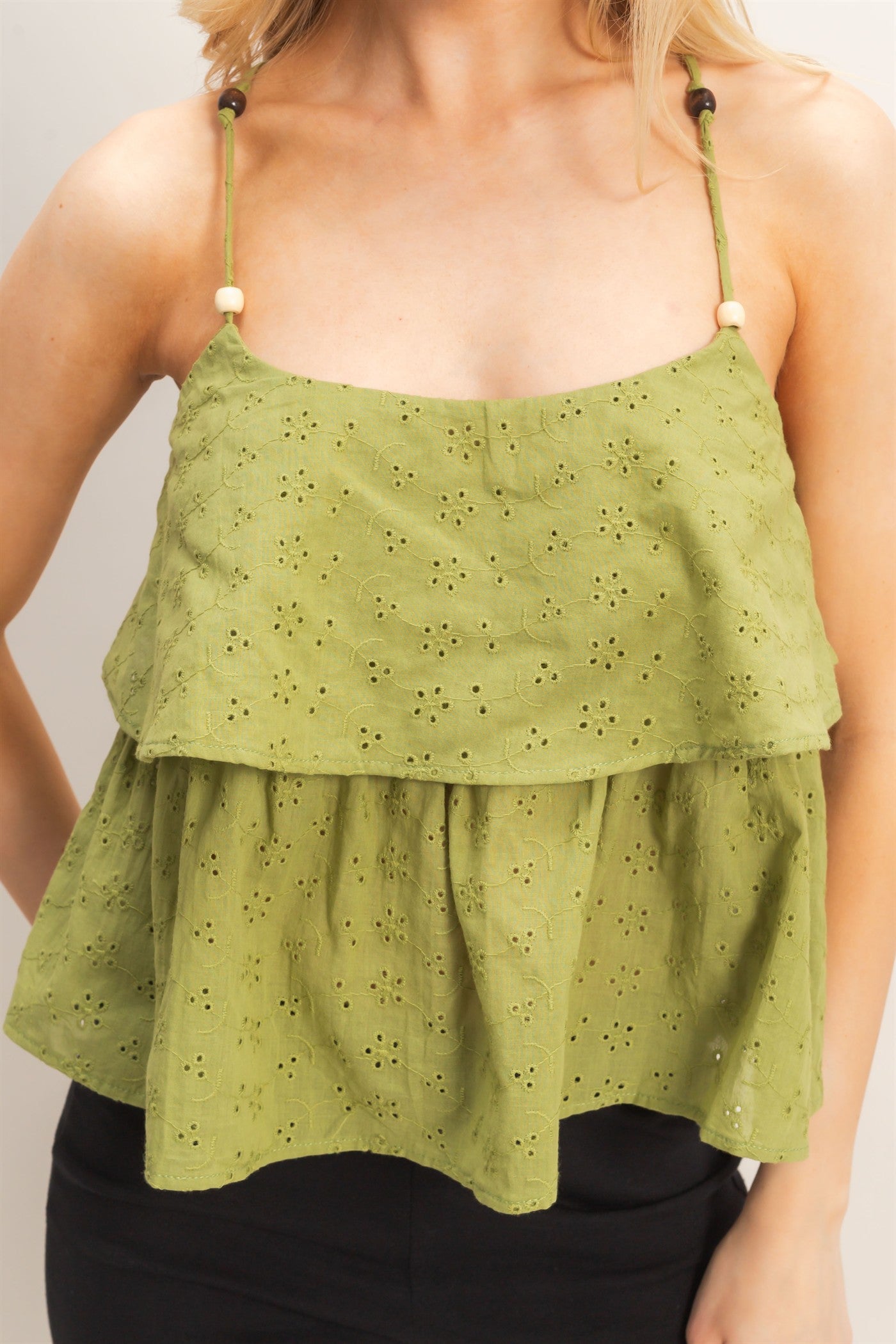 Wholesale Tiered Floral Eyelet Top Blouses HF26A852 LIGHT OLIVE HYFVE