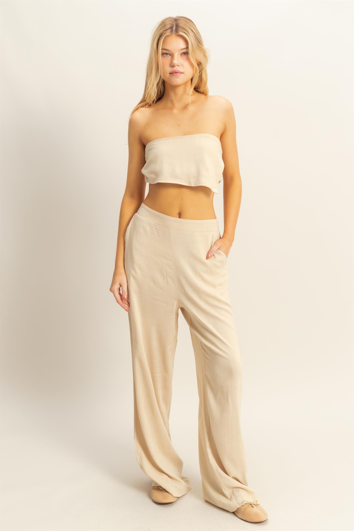 Wholesale Stretch Linen Top And Pants Set Clothing HF25E016-SET L.TAUPE HYFVE
