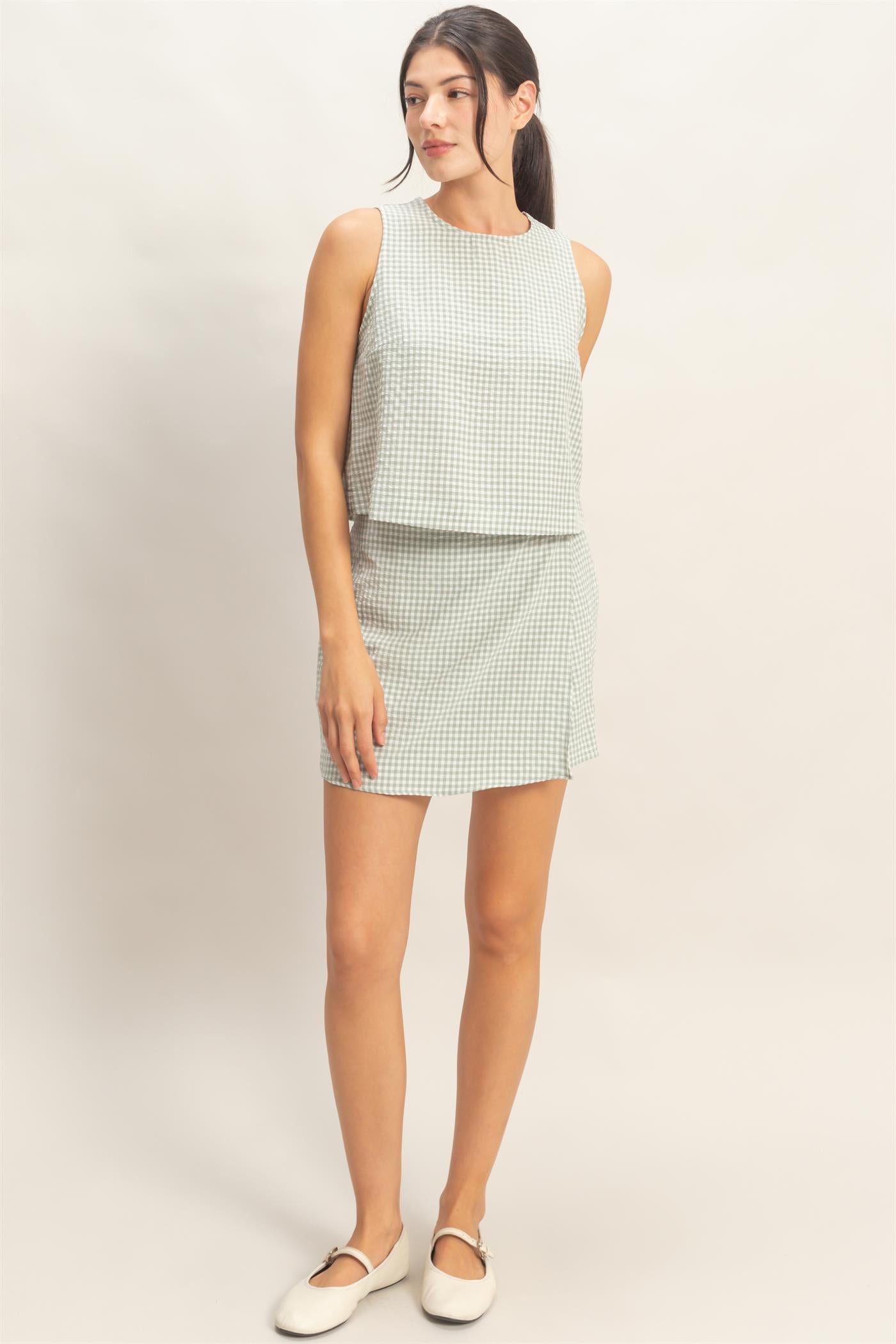 Wholesale Gingham Checkered Sleeveless Top And Skort Set Clothing DZ26C688-SET SAGE GREEN DOUBLE ZERO