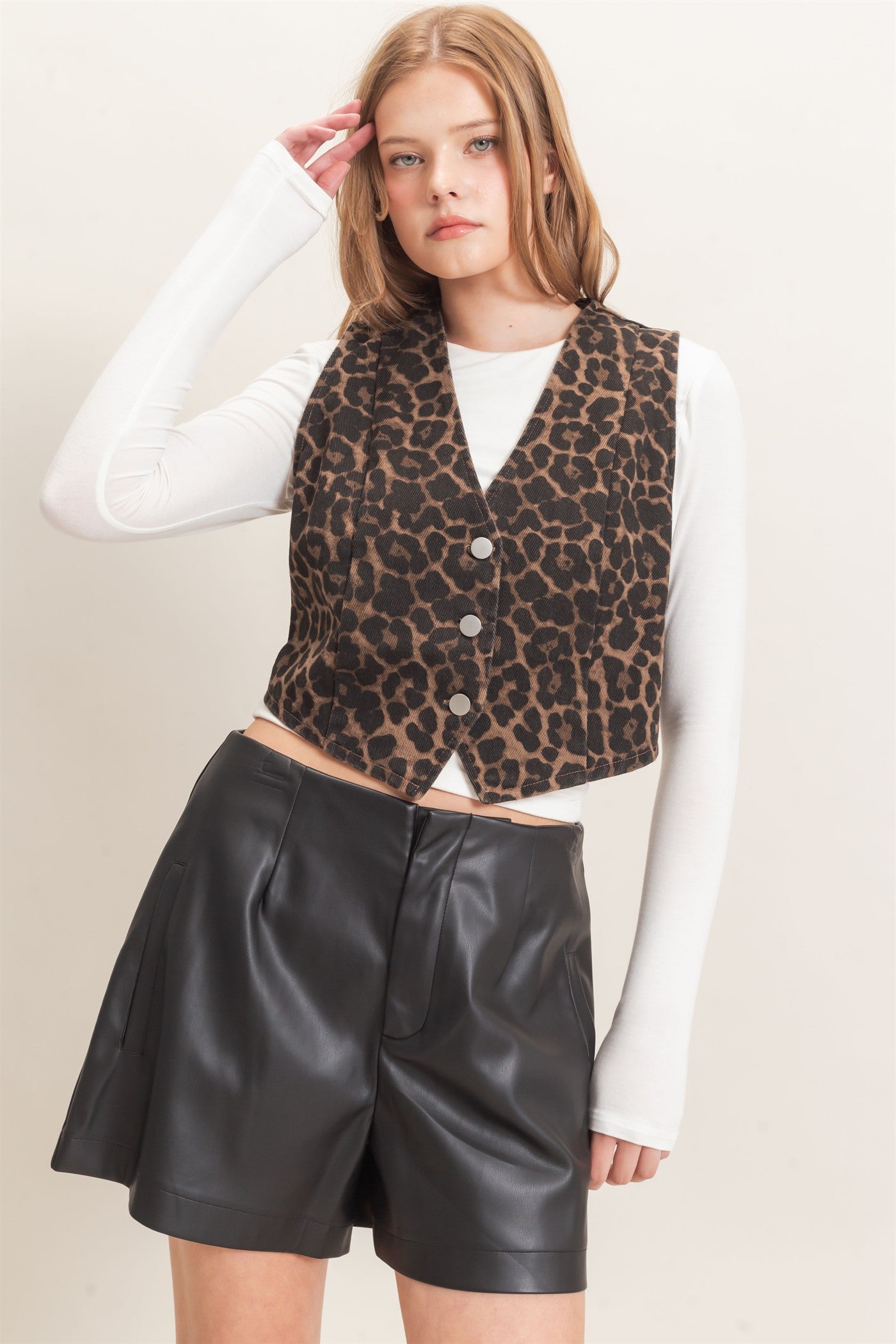Wholesale Leopard Print Button Vest Clothing Tops HF26F160 BROWN HYFVE