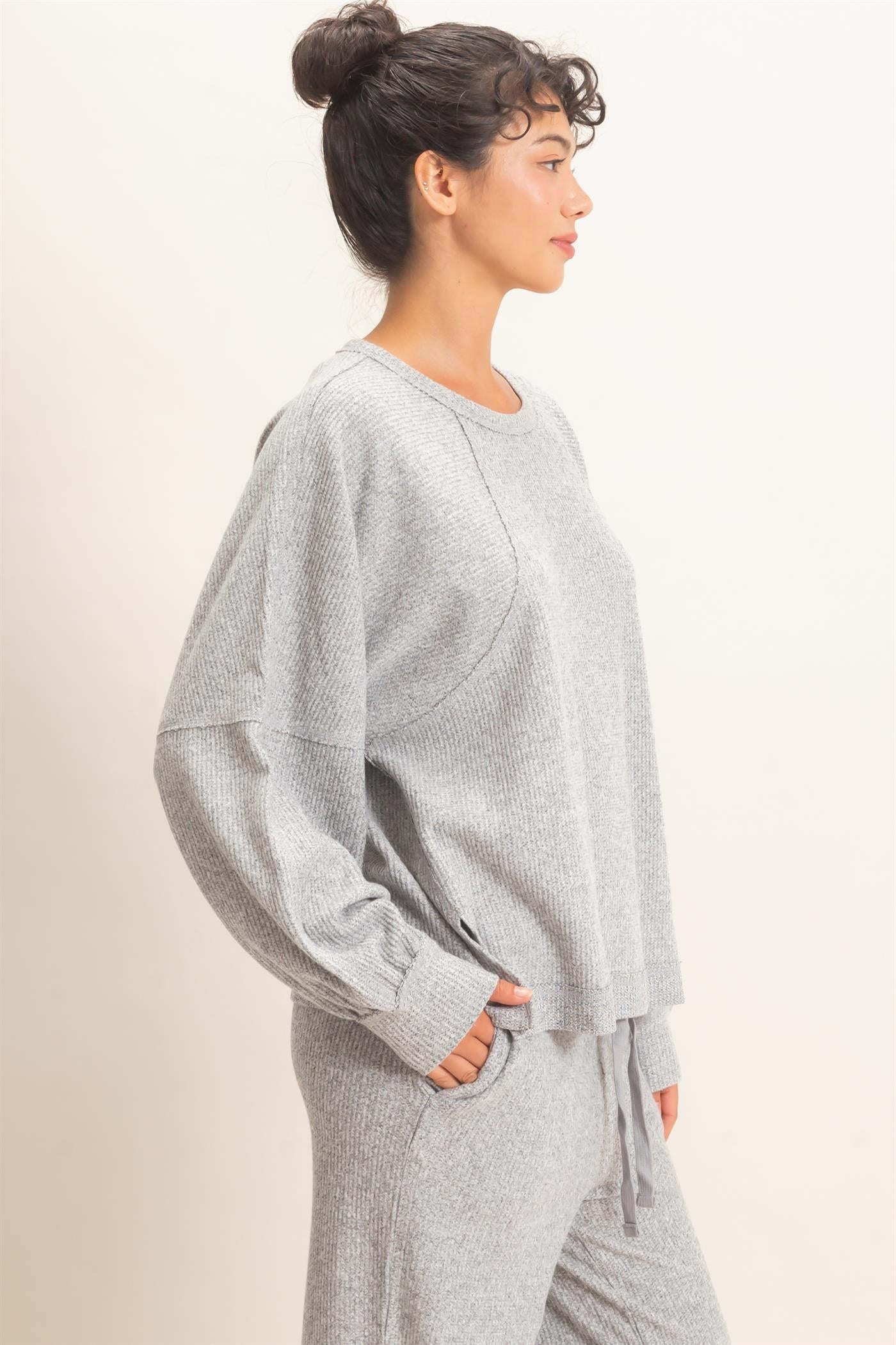 Wholesale Brushed Waffle Long Sleeve Top Clothing Tops DZ26F312 HEATHER GRAY DOUBLE ZERO