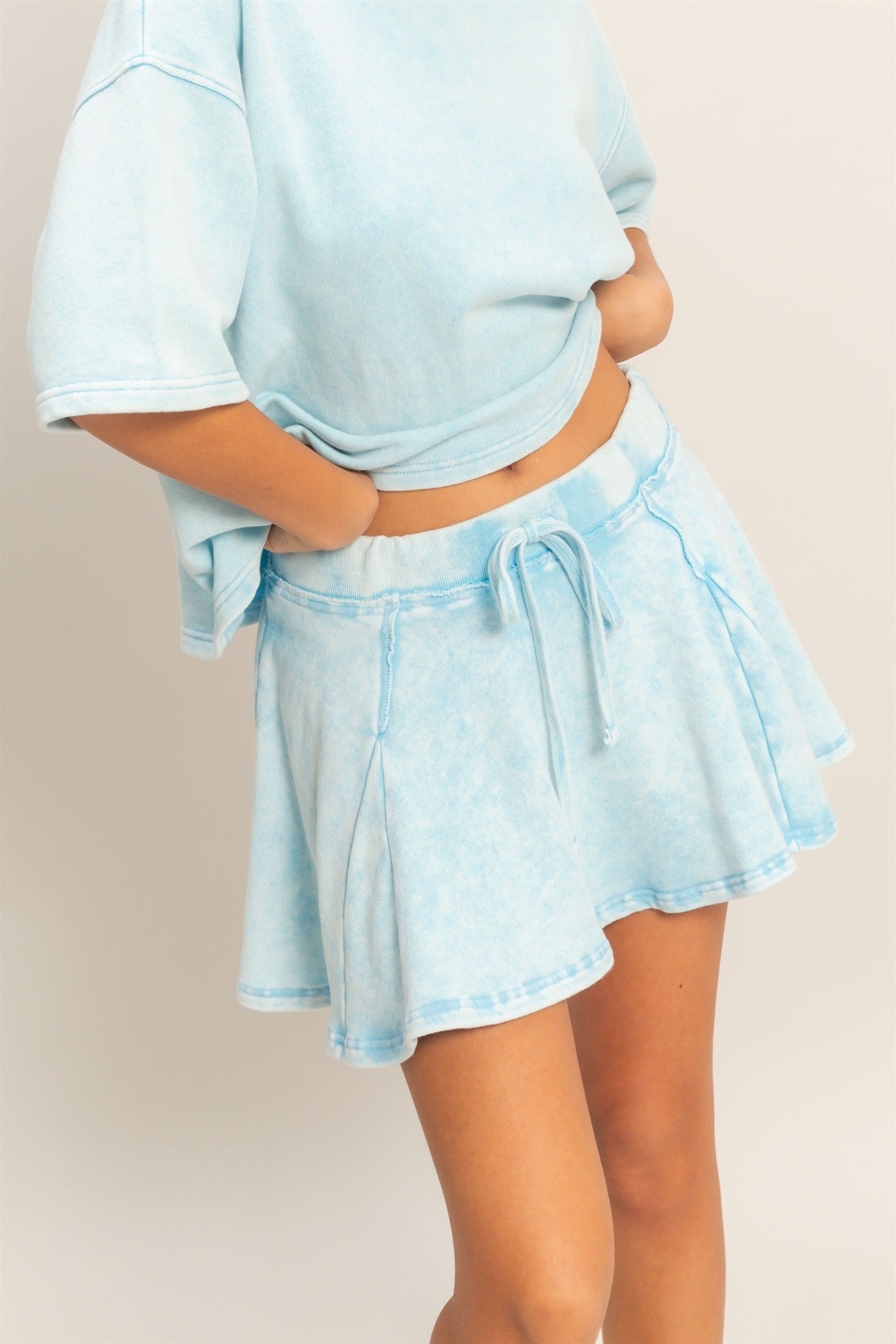 Wholesale Acid Washed Mid Wiast Flowy Skort Skorts DZ26A928 BLUE DOUBLE ZERO