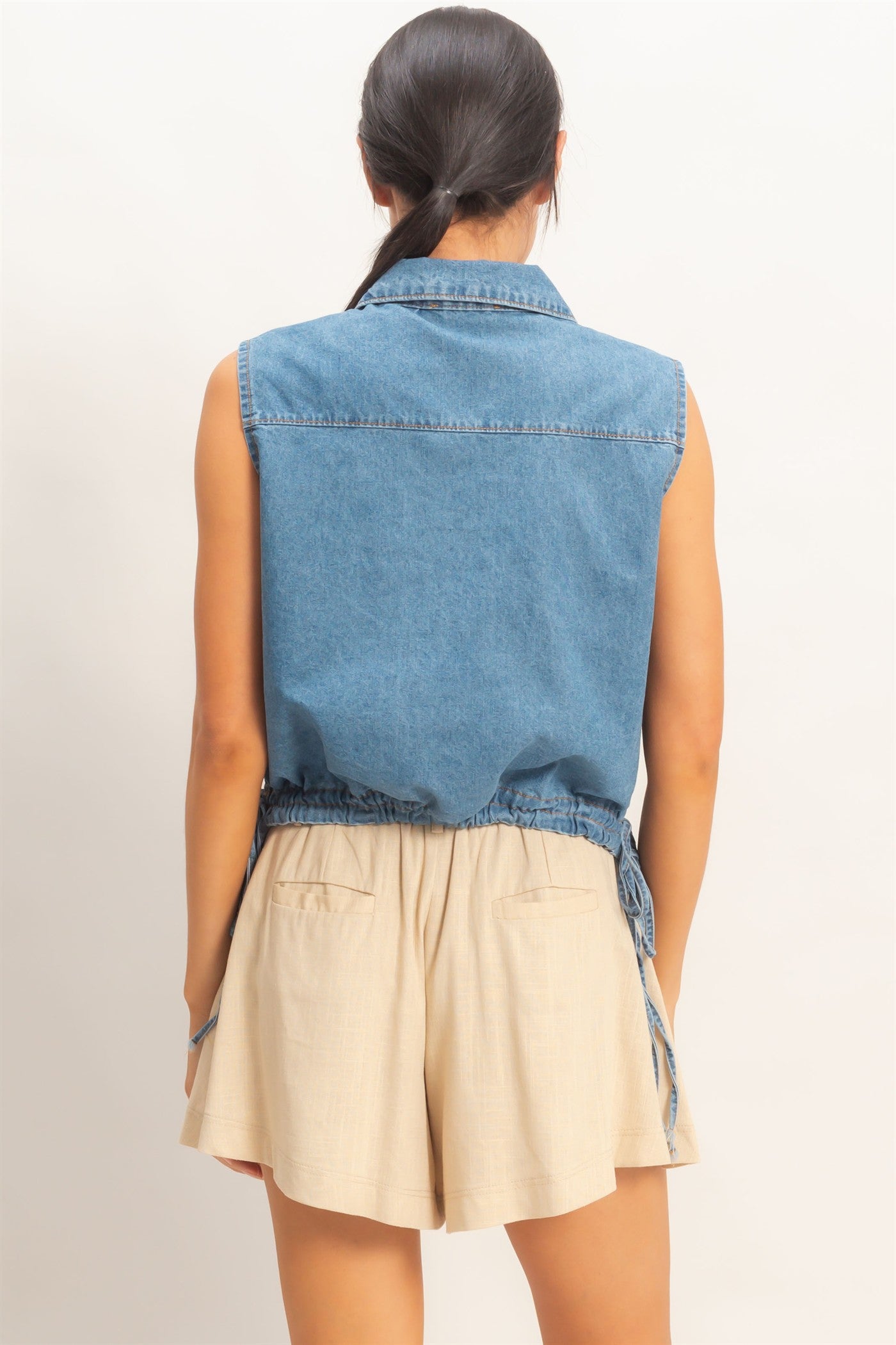 Wholesale Collared V-Neck Drawstring Tank Clothing Tops HF26C220 LIGHT BLUE HYFVE