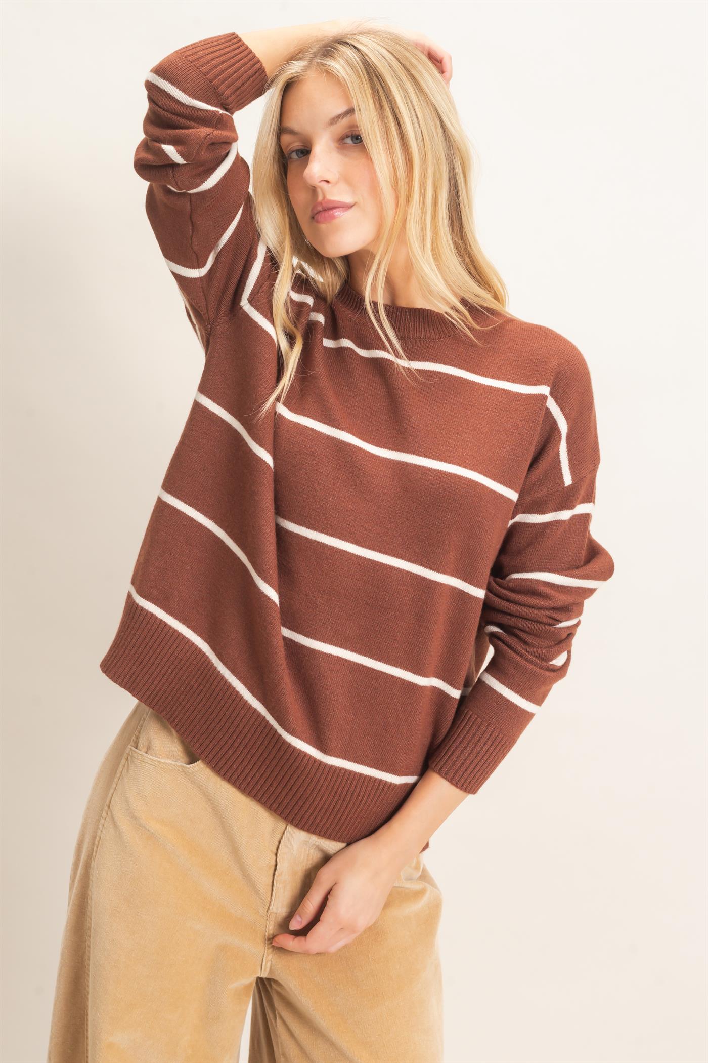 Wholesale Striped Ribbed Crew Neck Sweater Sweaters HF26F169 BROWN HYFVE