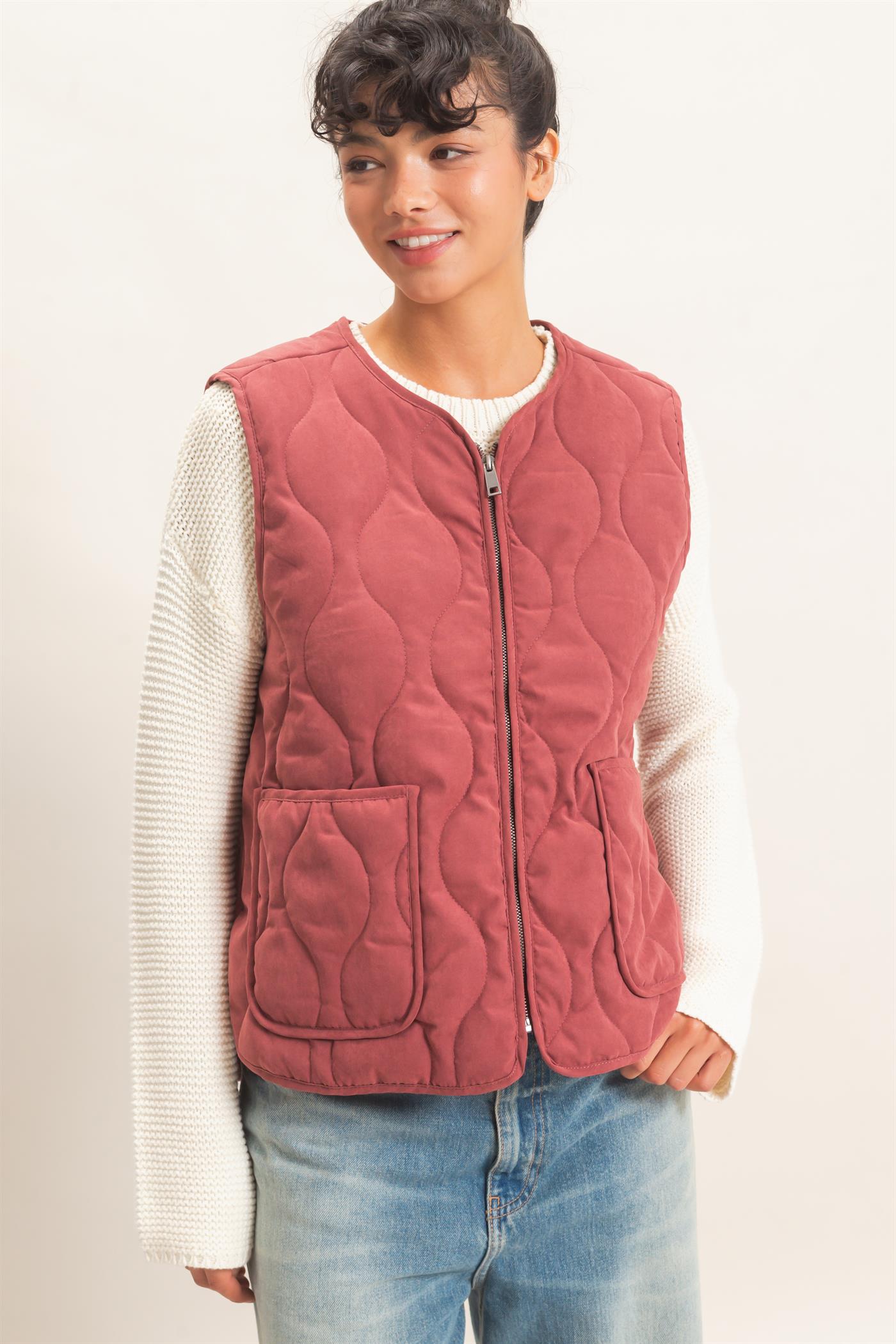 Wholesale Quilted Vest With Pockets Vests DZ26F336 BURGUNDY DOUBLE ZERO