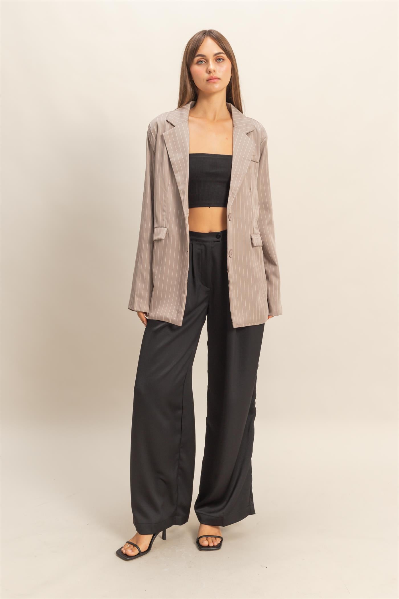 Wholesale Pin Stripe Oversized Blazer Coats & Jackets HF24A247 WARM TAUPE HYFVE