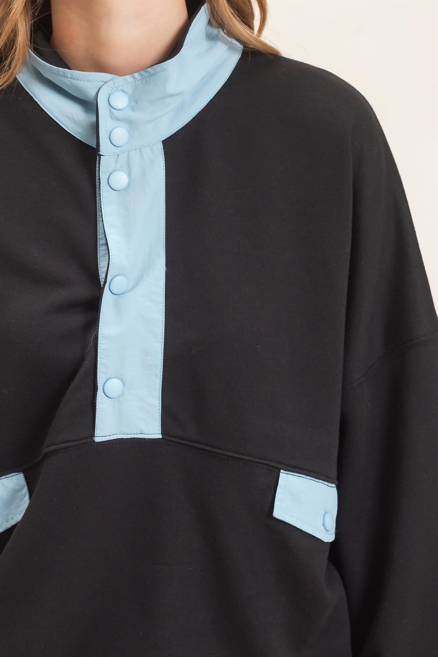Wholesale Contrast Button-Up Collar Top Clothing Tops HF26C875 BLACK HYFVE