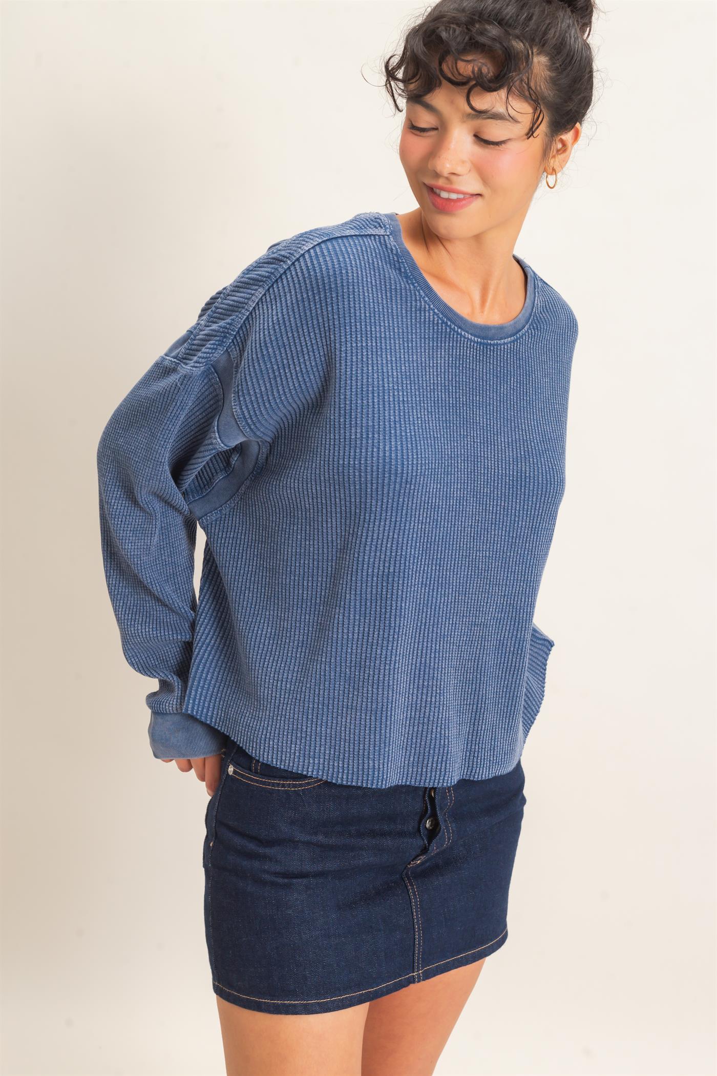 Wholesale Mineral Wash Waffle Open Back Top Clothing Tops DZ26C964 NAVY DOUBLE ZERO