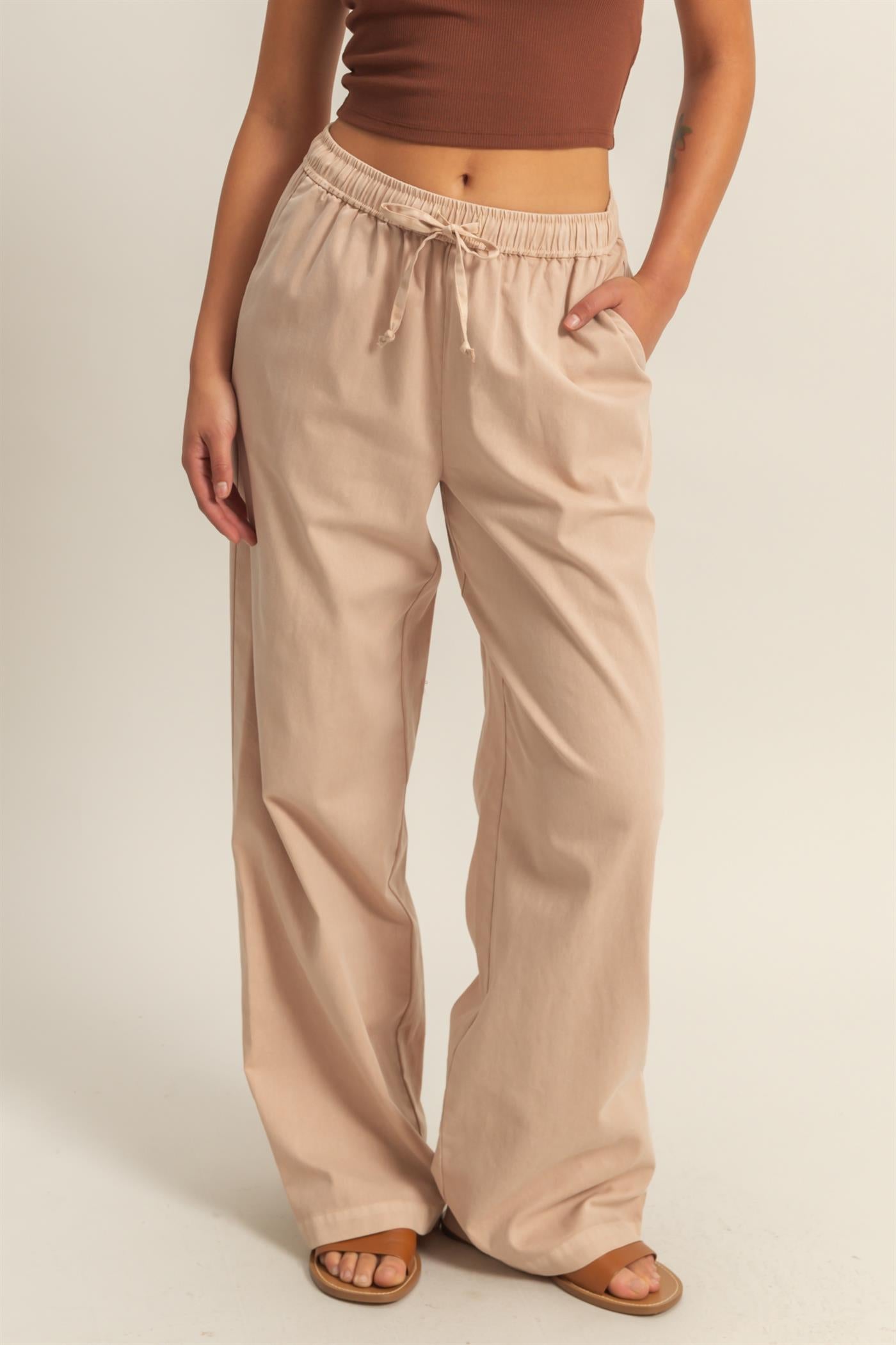 Wholesale Drawstring Waist Straight Leg Pants Pants DZ24A339 DARK TAUPE DOUBLE ZERO