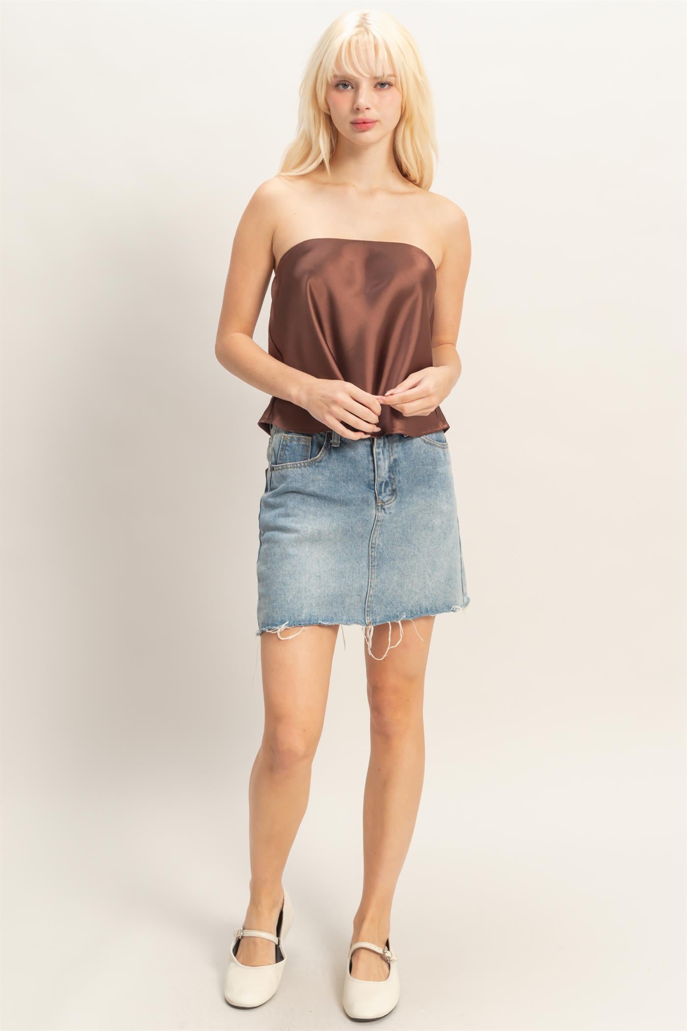 Wholesale Satin Strapless Tube Top Clothing Tops DZ26C398 CHOCOLATE DOUBLE ZERO