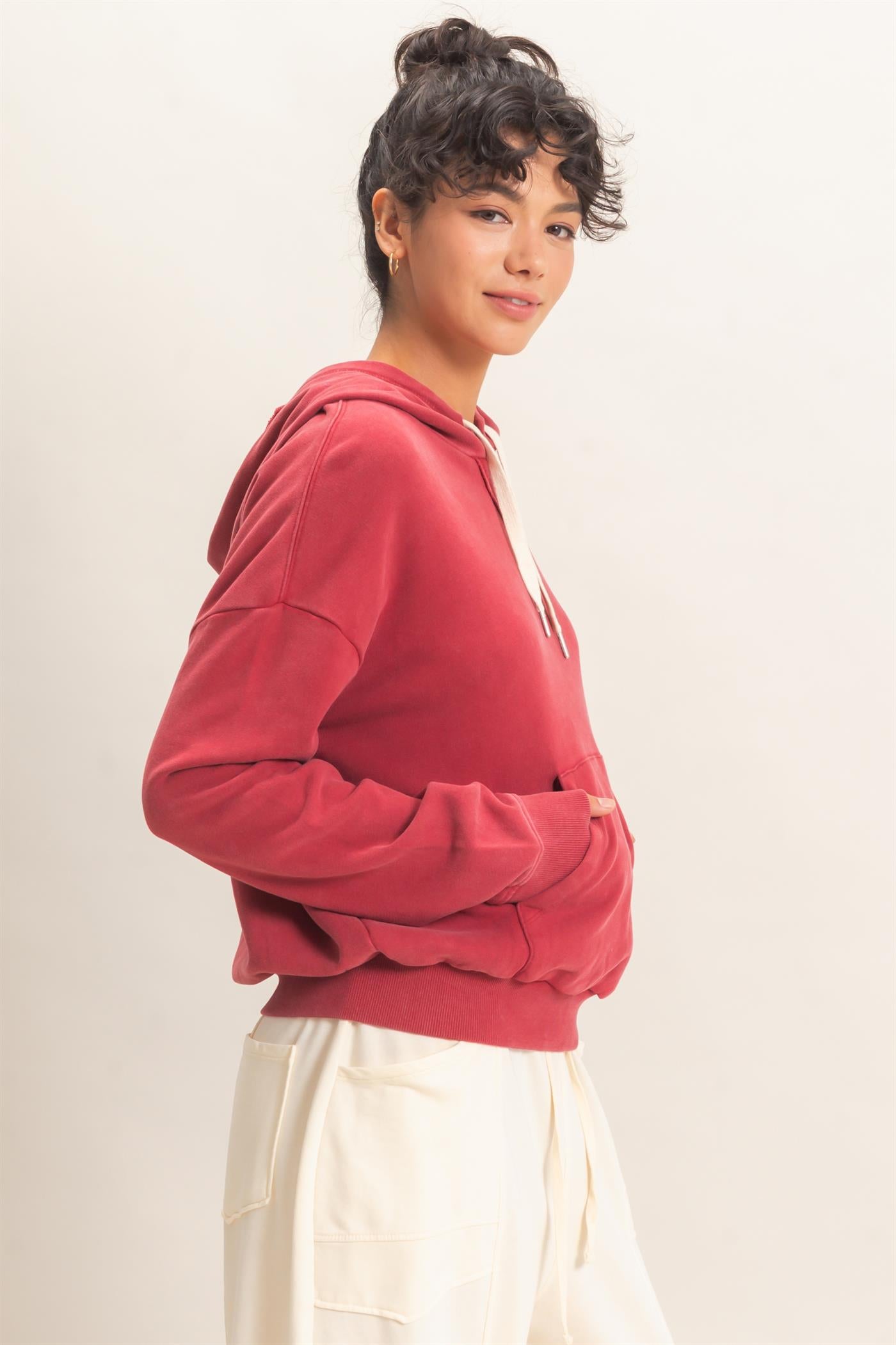 Wholesale Acid Wash Hoodie Clothing Tops DZ26E112 DARK RED DOUBLE ZERO