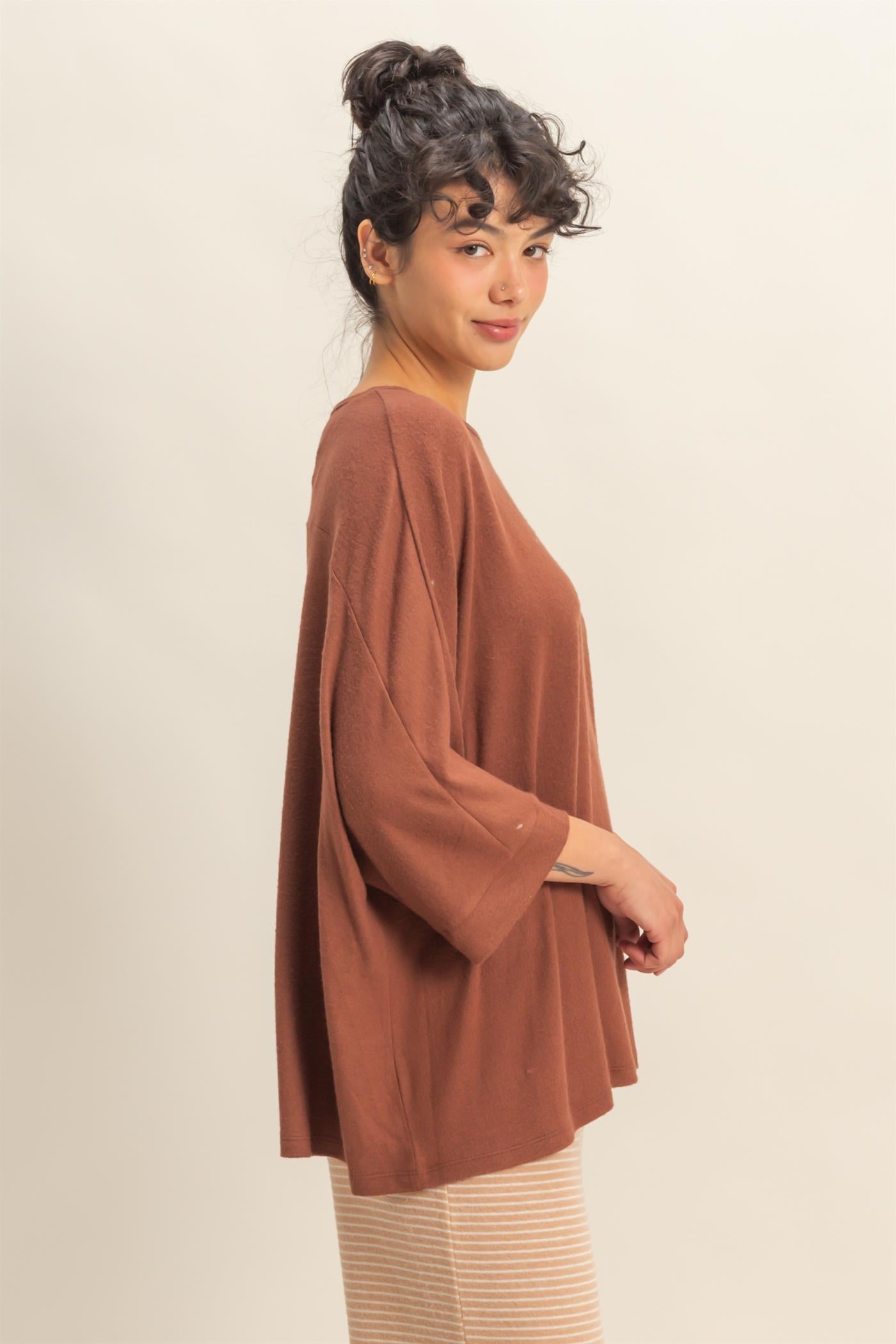 Wholesale Batwing 3/4 Sleeve Oversized Top Clothing Tops DZ25E133 CHESTNUT DOUBLE ZERO