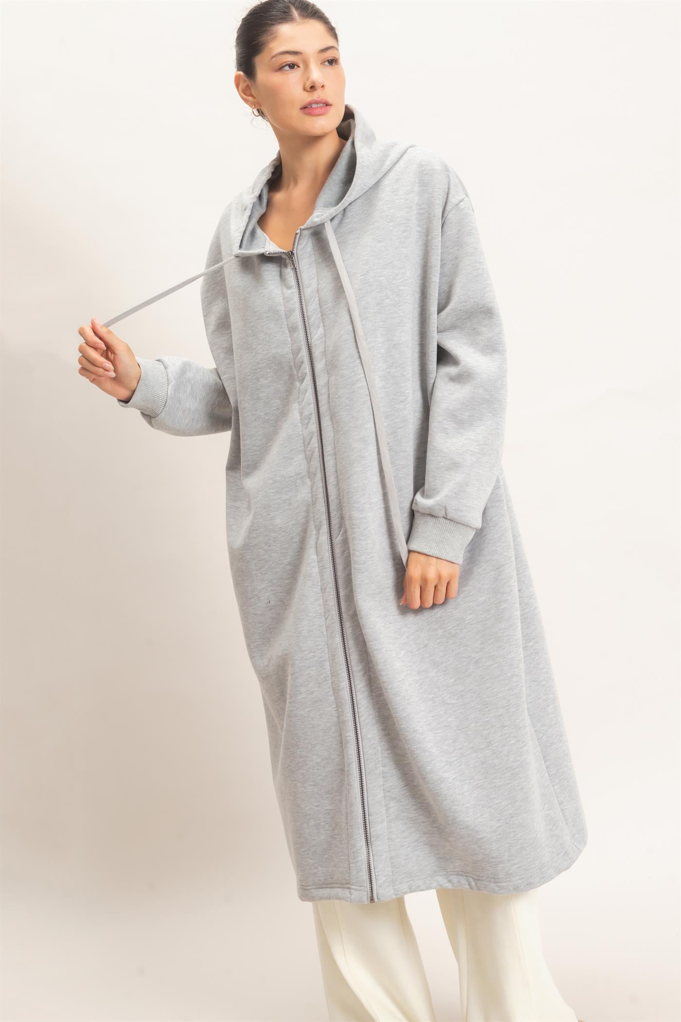 Wholesale Oversized Longline Zip-Up Hoodie Jacket Outerwear HF26E650 HEATHER GRAY HYFVE