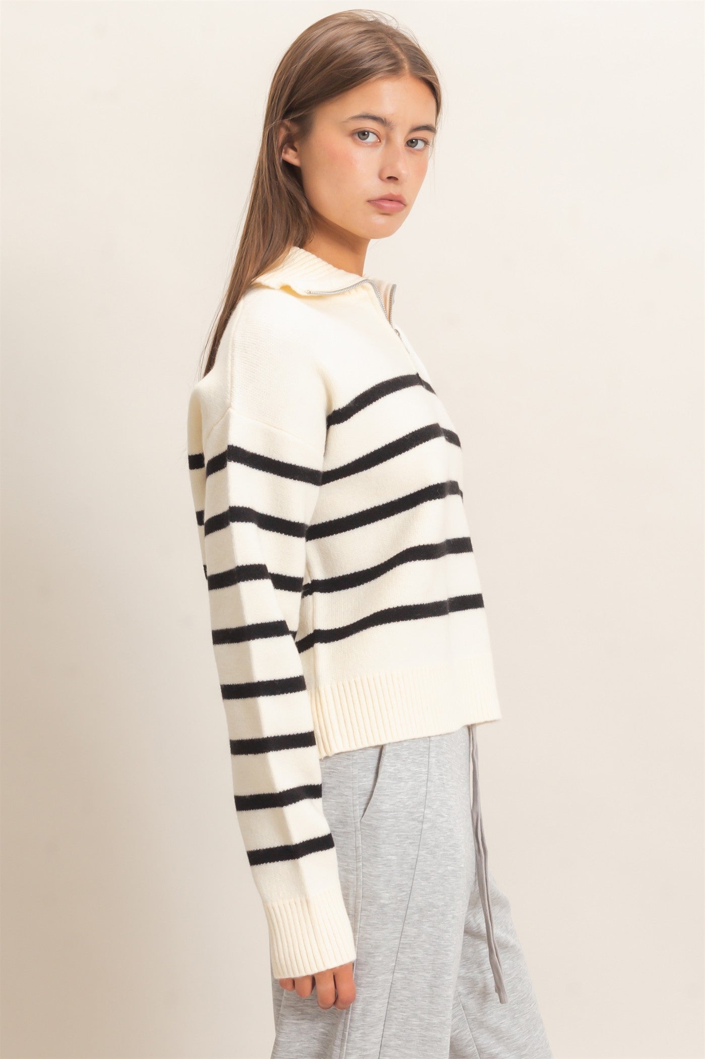Wholesale Half-Zip Collared Stripe Sweater Sweaters DZ26E950 CREAM DOUBLE ZERO