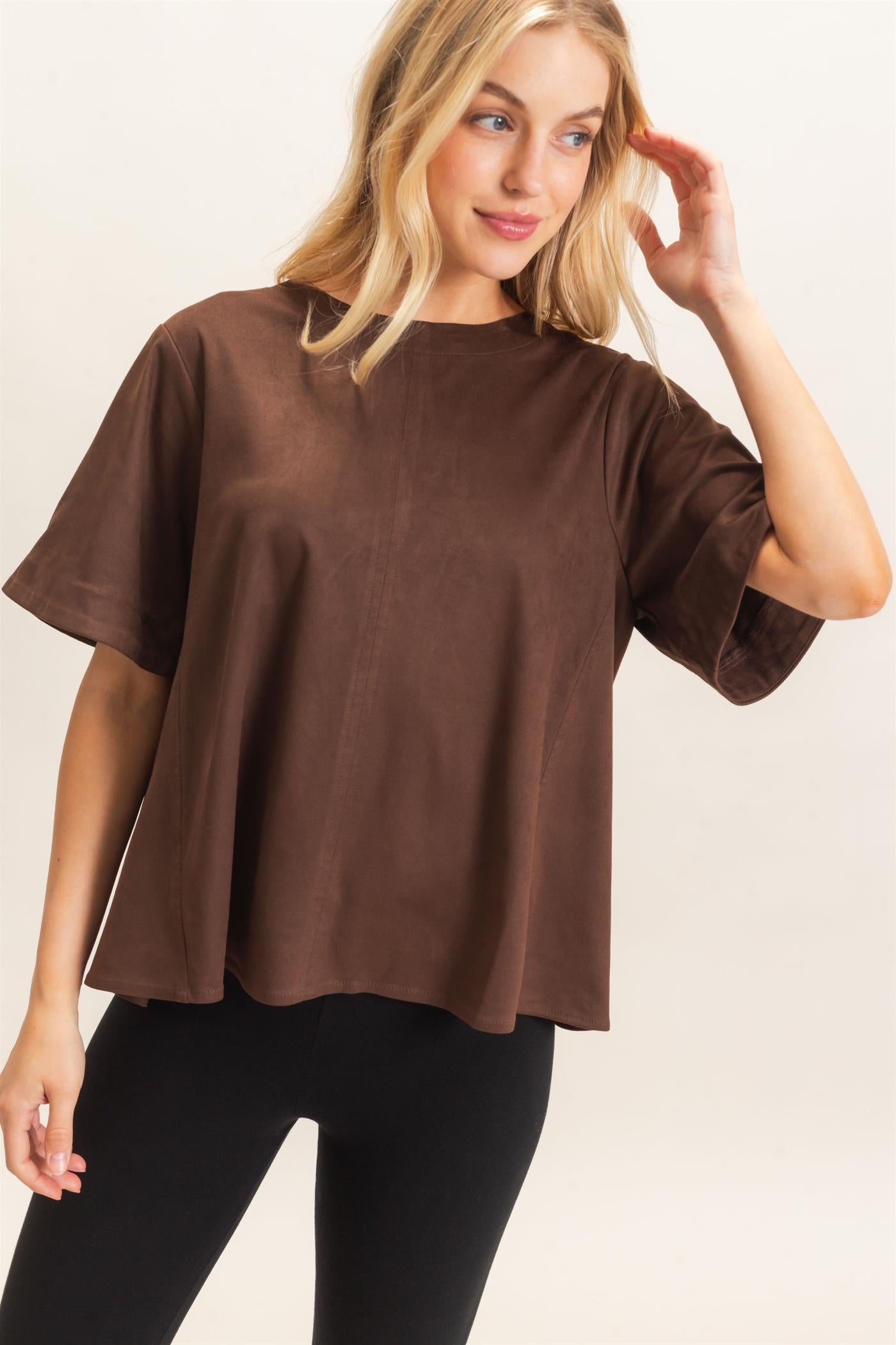 Wholesale Suede Boat Neck Top Clothing Tops HF26E351 CHESTNUT HYFVE
