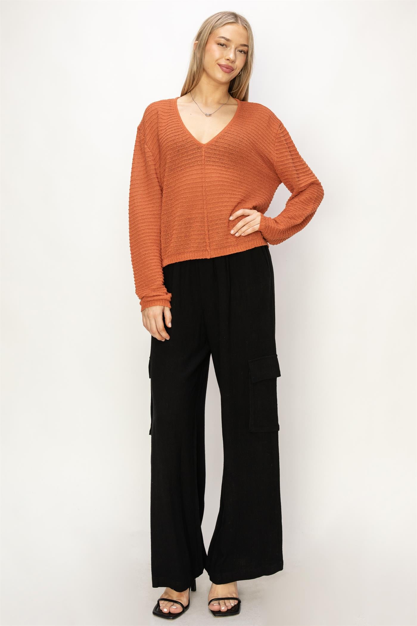 Wholesale V Neck Dropped Shoulder Sweater Clothing Tops DZ24A559 BAKED CLAY DOUBLE ZERO