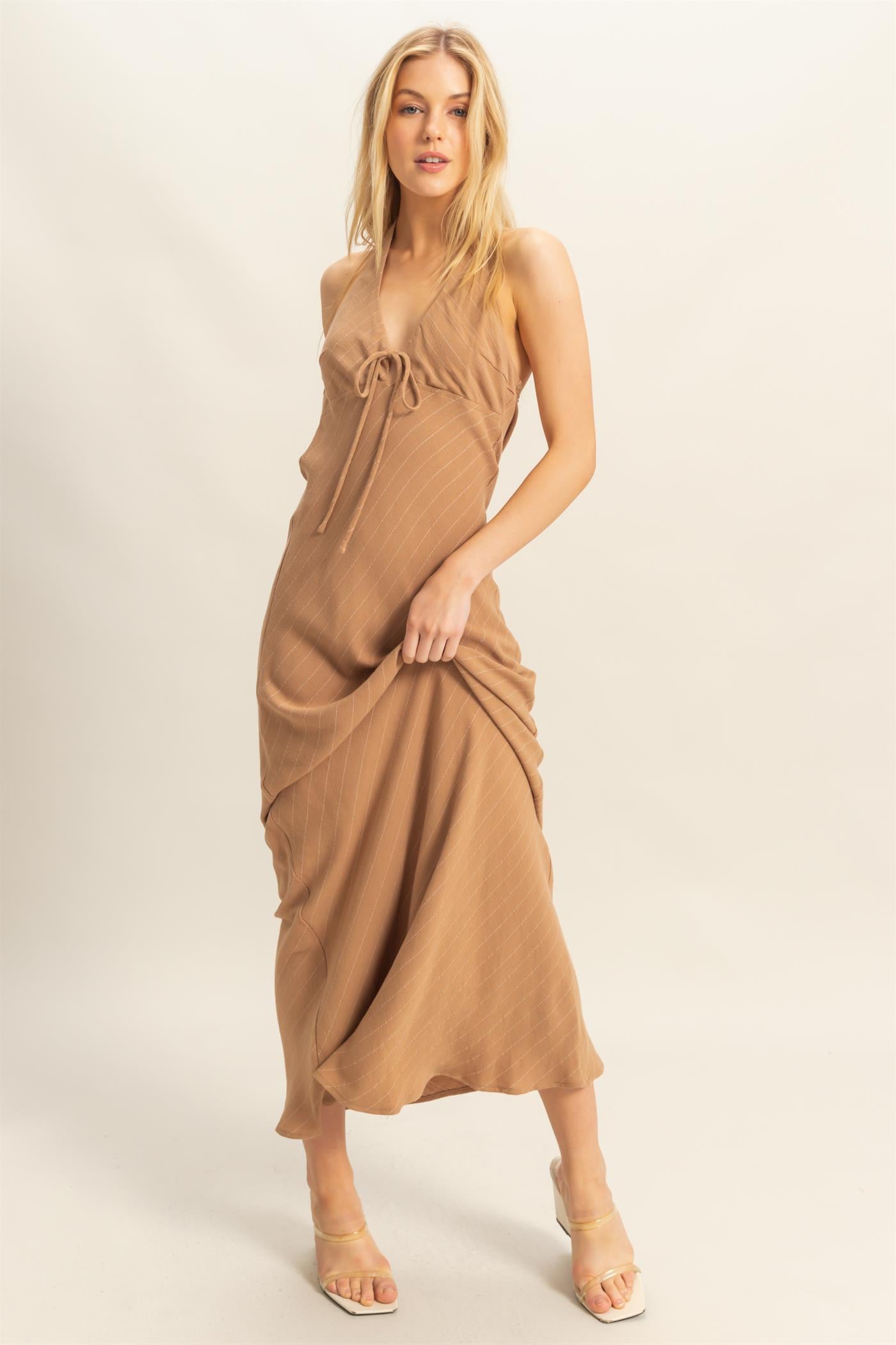 Wholesale Striped Halter Neck Linen Maxi Dress Dresses HF25C373 TAUPE HYFVE