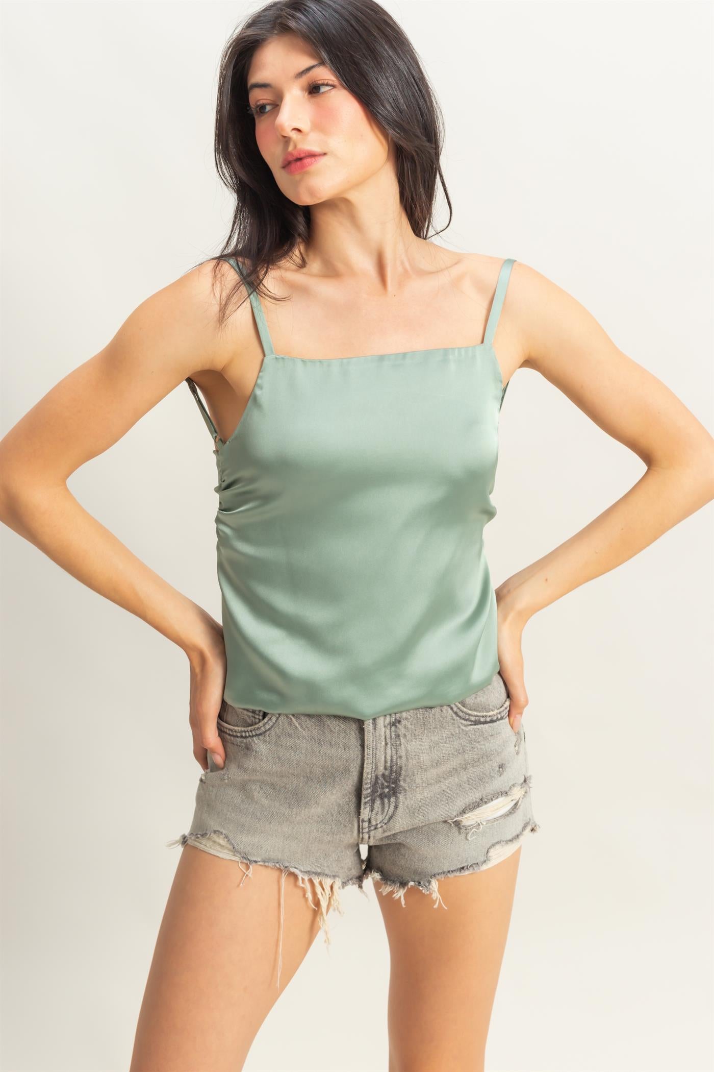 Wholesale Satin Back Tie Detail Sleeveless Top Clothing Tops DZ25C126 SAGE GREEN DOUBLE ZERO