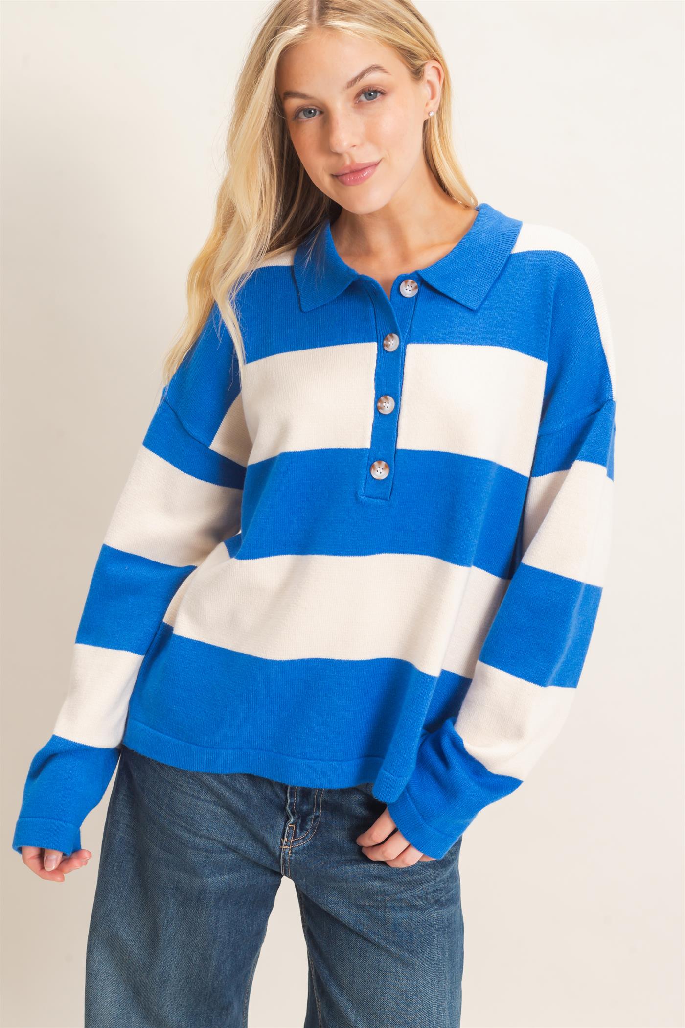 Wholesale Striped Button-Up Sweater Sweaters HF26F198 BLUE HYFVE
