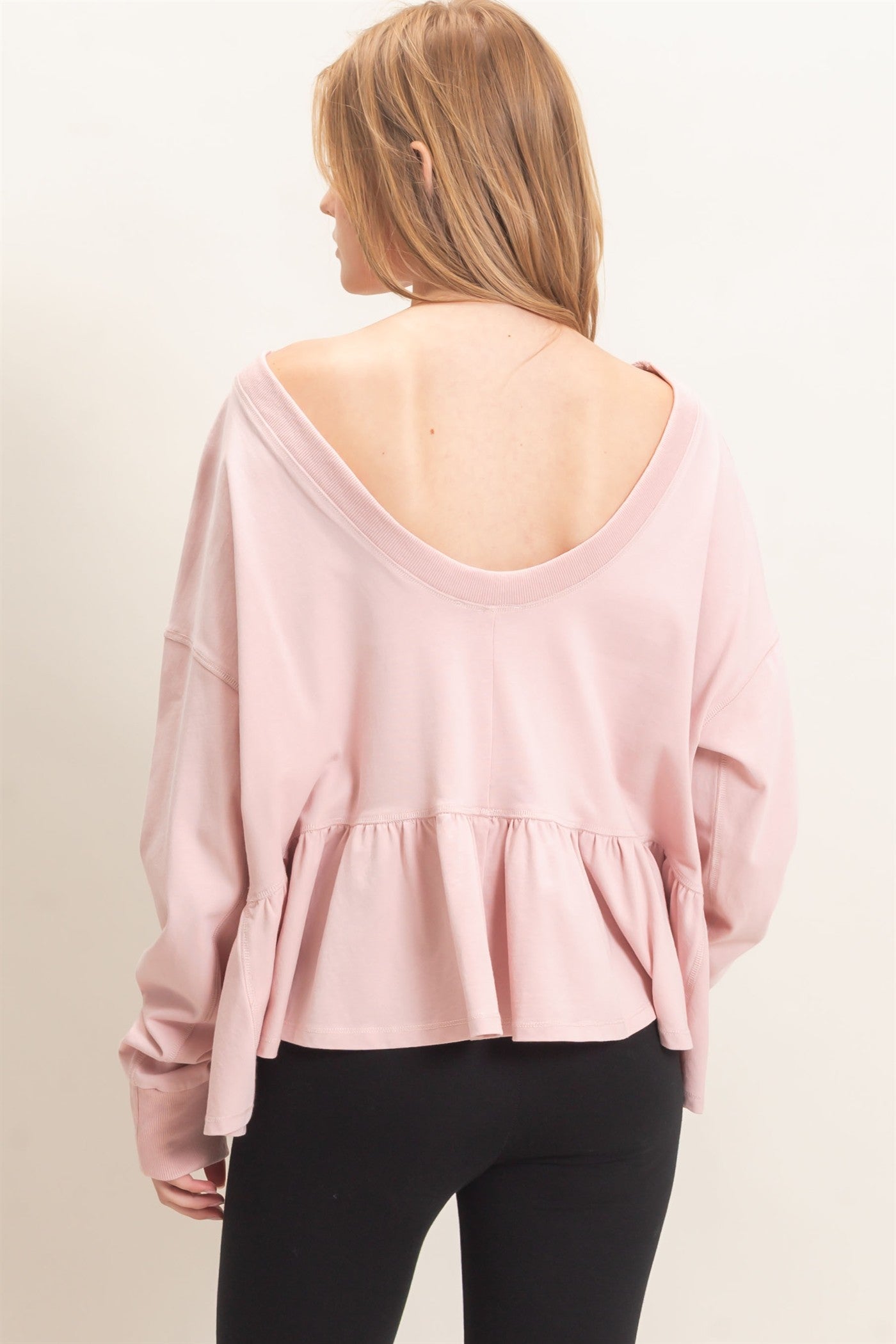 Wholesale Ruffled Hem Long Sleeve Top Clothing Tops HF26E065 PALE BLUSH HYFVE