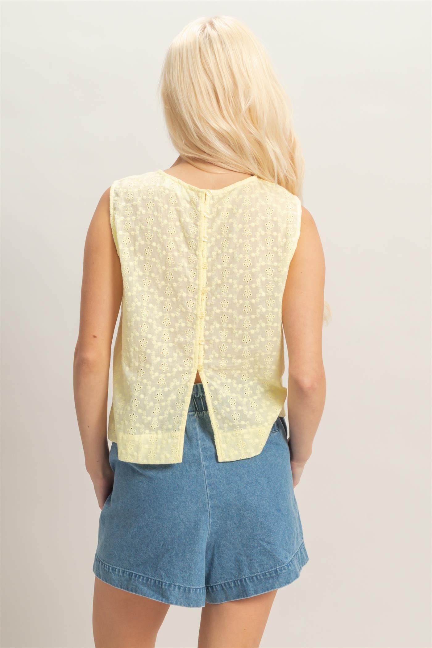 Wholesale Eyelet Sleeveless Top With Back Buttons Clothing Tops DZ26C541 PALE YELLOW DOUBLE ZERO