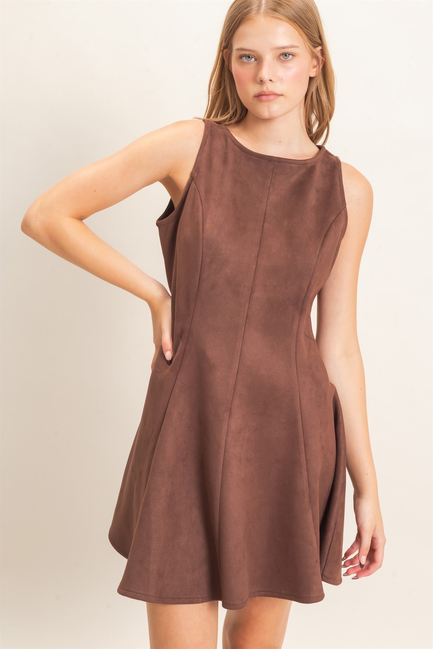 Wholesale Sleeveless Suede Mini Dress Dresses HF26F218 CHESTNUT HYFVE