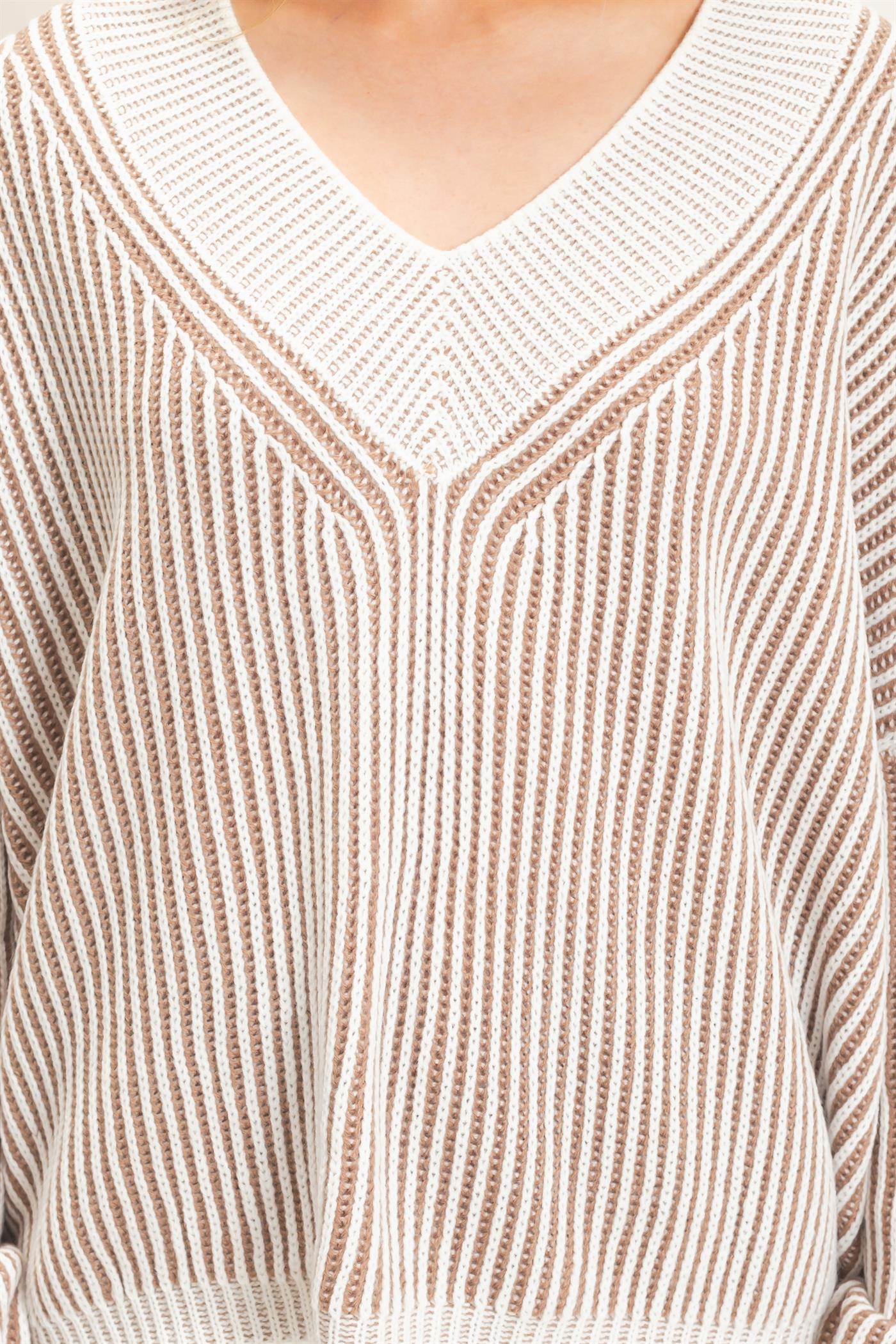 Wholesale Striped V-Neck Ribbed Sweater Sweaters HF26F202 TAUPE HYFVE