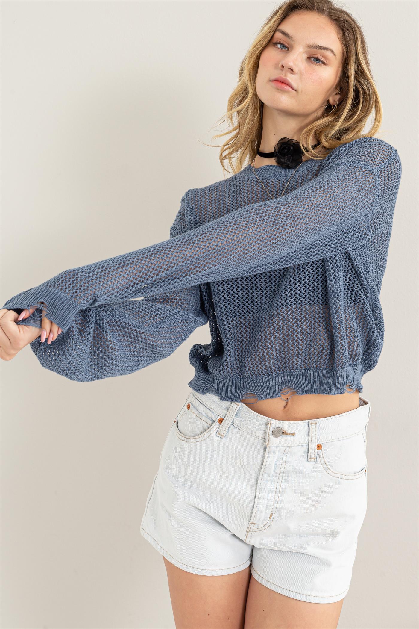 Wholesale Distressed Knit Sweater Clothing Tops DZ24C038 GRAY BLUE DOUBLE ZERO