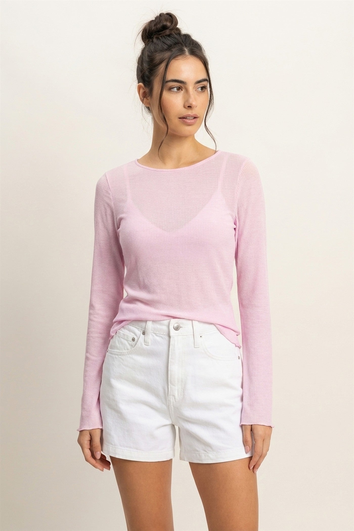 Wholesale Ribbed Long Sleeve Top Clothing Tops DZ24C196 PALE PINK DOUBLE ZERO