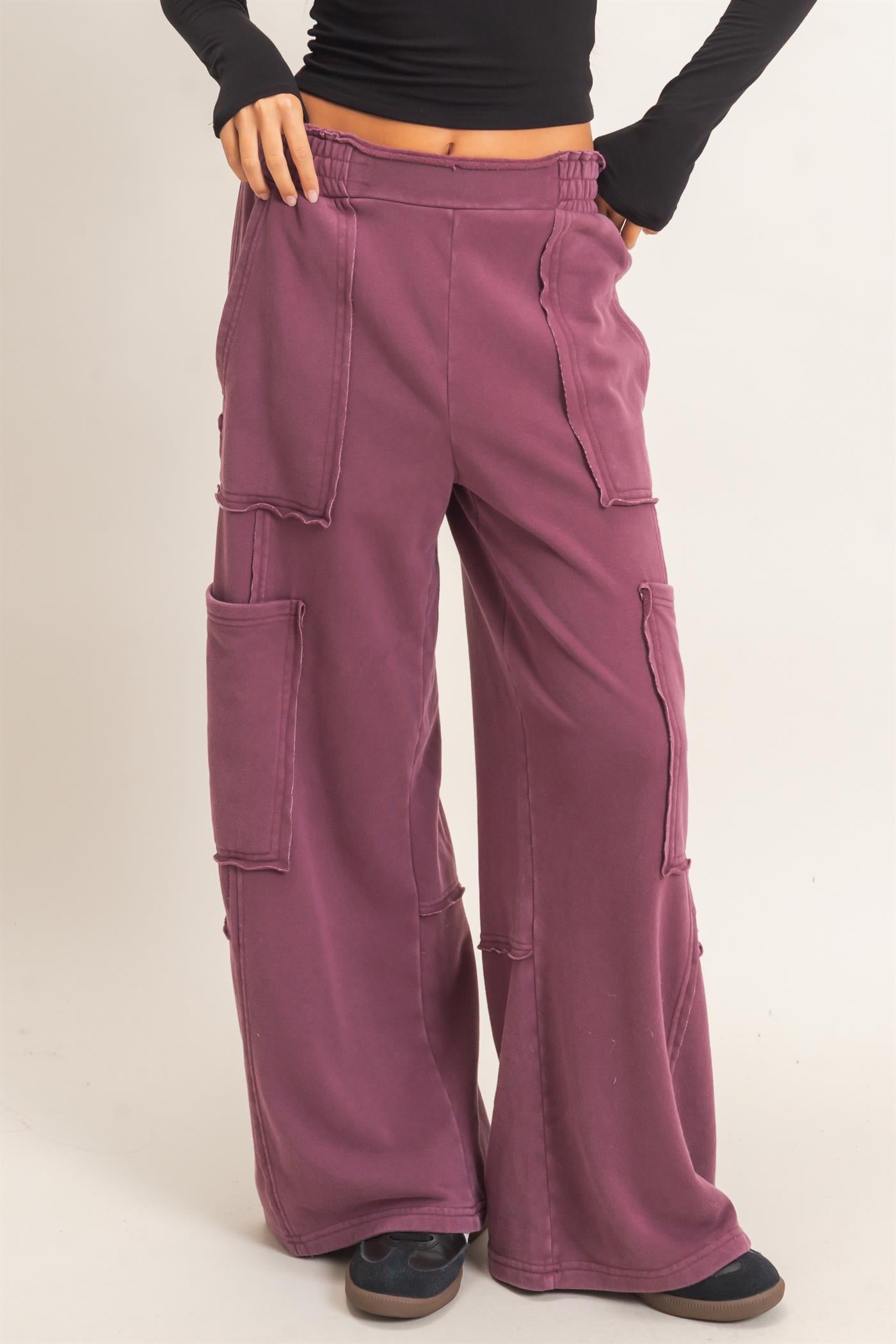 Wholesale Mineral Wash Cargo Pocket Pants Pants DZ26C963 DARK CHERRY DOUBLE ZERO